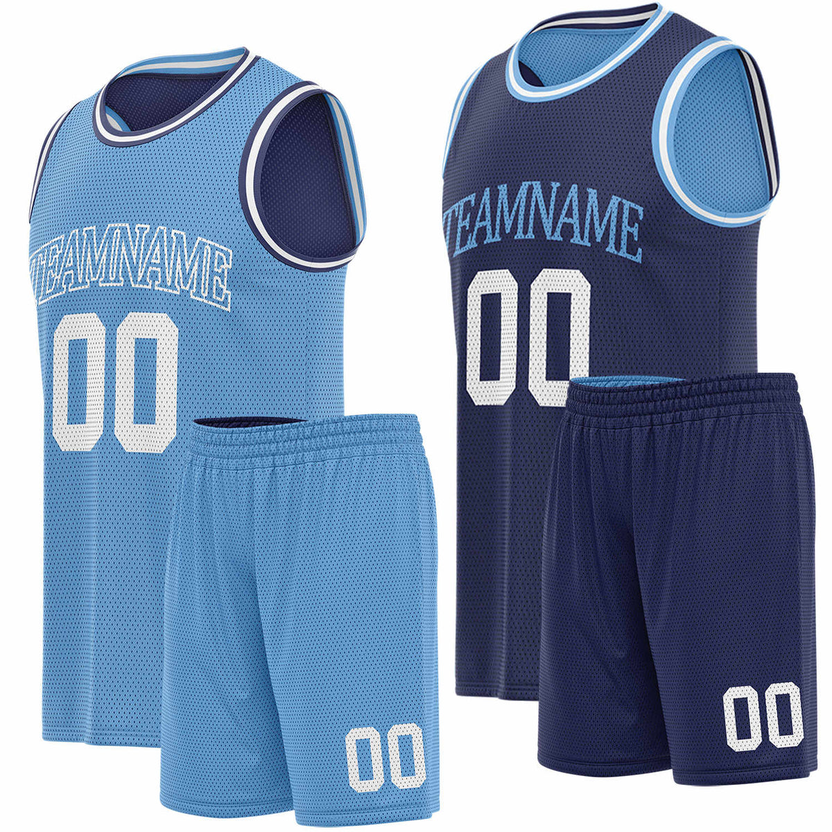 Custom light blue &amp; navy basketball jersey set, personalized name number team logo, sleeveless jersey with matching shorts sports uniform for men women youth adult game practice - Vosoli