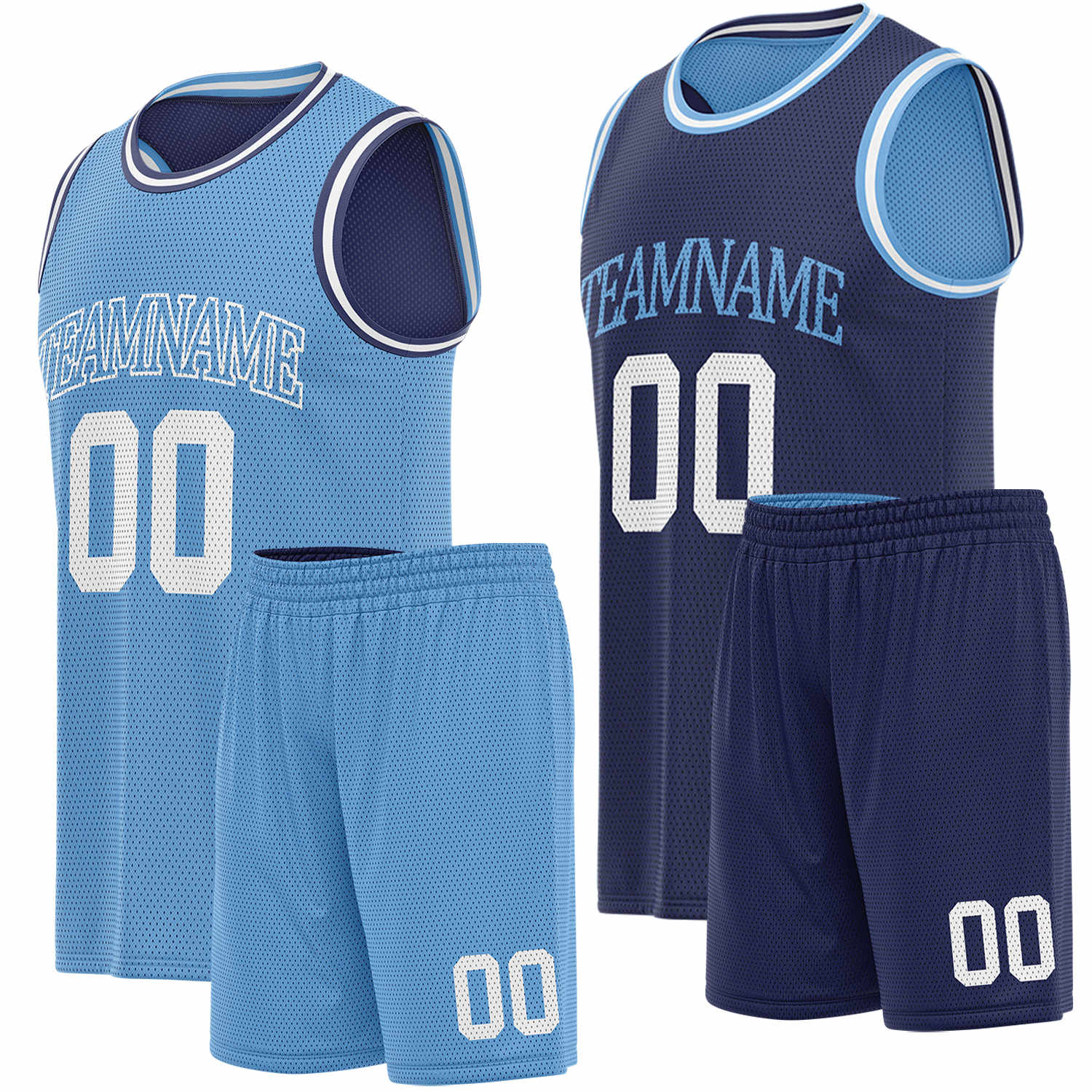 Custom light blue & navy basketball jersey set, personalized name number team logo, sleeveless jersey with matching shorts sports uniform for men women youth adult game practice - Vosoli
