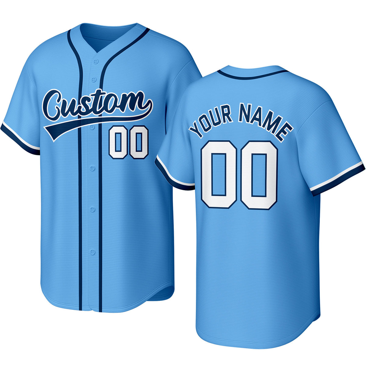 Custom light blue, navy &amp; white baseball jersey with stitched logo, personalized name &amp; number, button-front short-sleeve sports uniform for team men women youth game practice - Vosoli