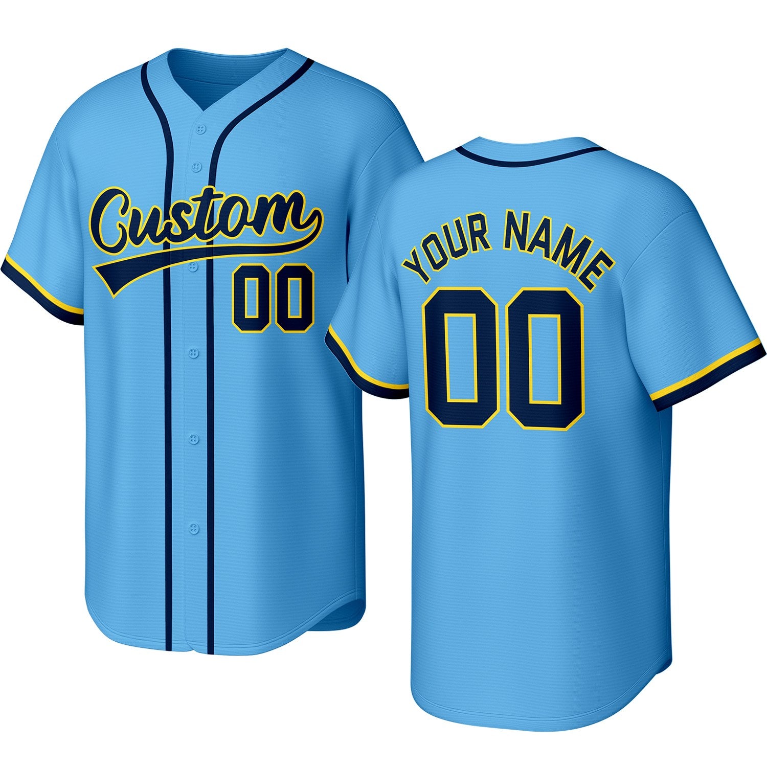 Custom light blue, navy & yellow baseball jersey with stitched logo, personalized name & number, button-front short-sleeve sports uniform for team men women youth game practice - Vosoli