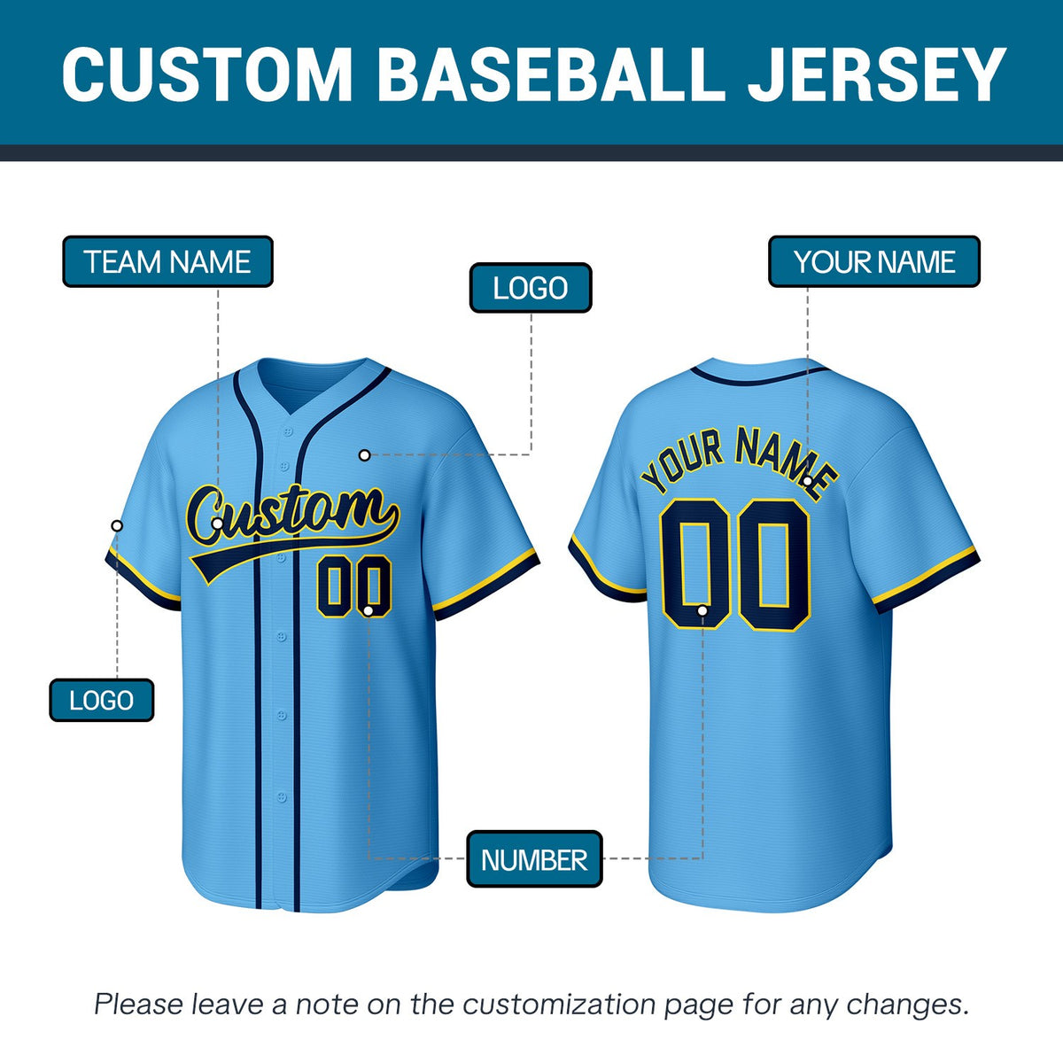 Custom Stitched Baseball Jersey Light Blue Navy Yellow | Personalized Name & Number | Team Uniform