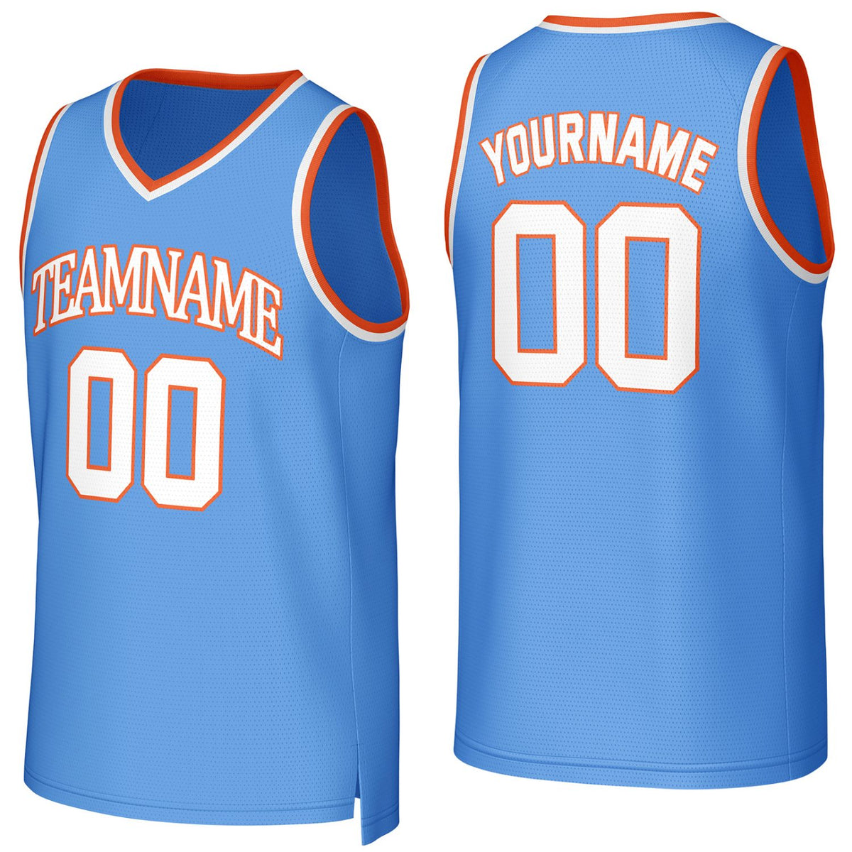 Custom light blue-orange mesh basketball jersey with logo, personalized name &amp; number, team uniform for men women youth game practice - Vosoli