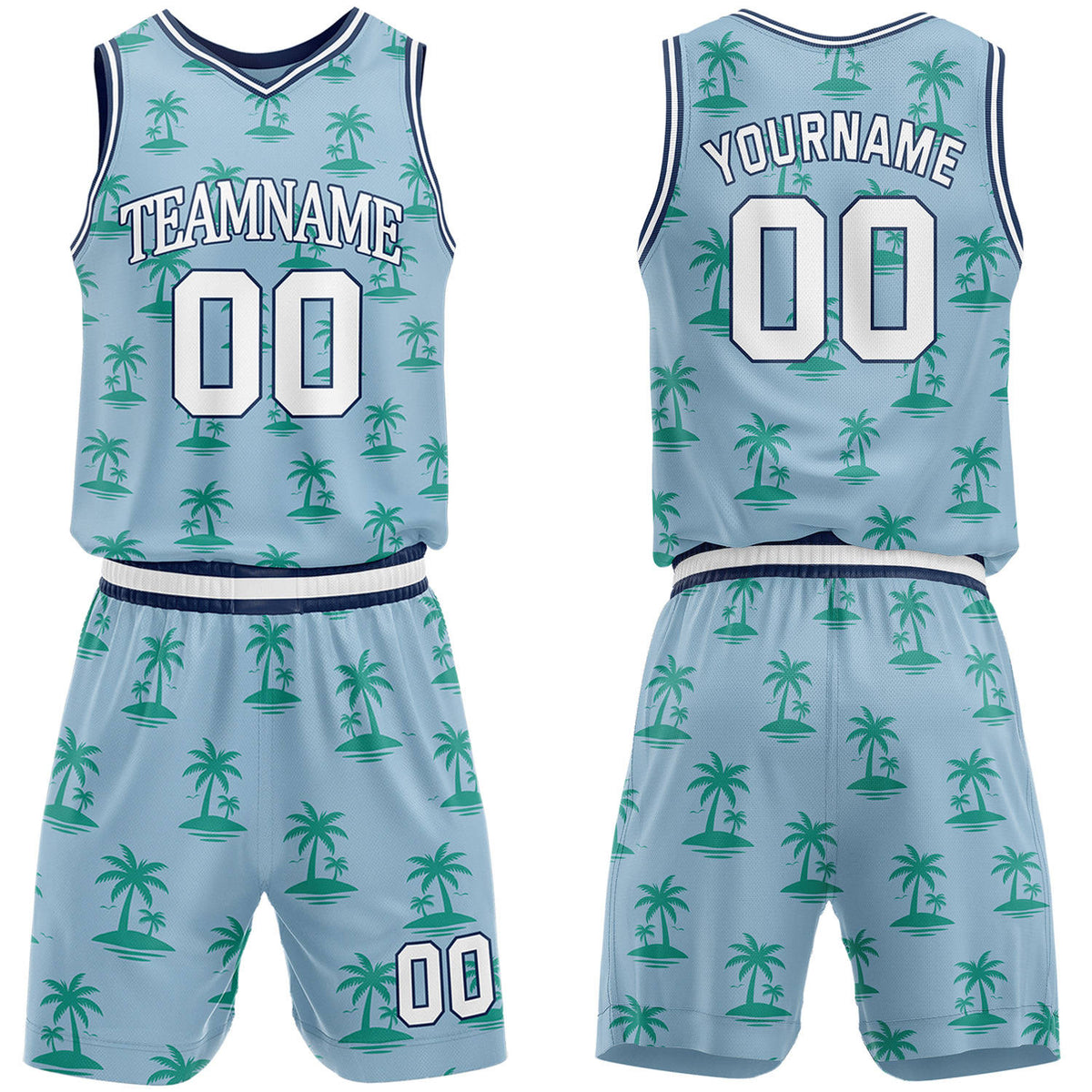 Custom light blue palm tree pattern basketball jersey &amp; shorts set by Vosoli | Personalized team name &amp; number sportswear