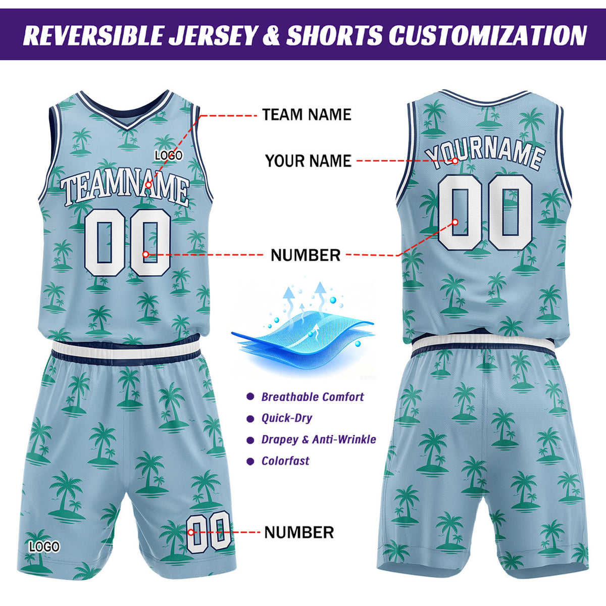 Custom Light Blue Palm Tree Basketball Jersey & Shorts Set | Personalized Team Uniform