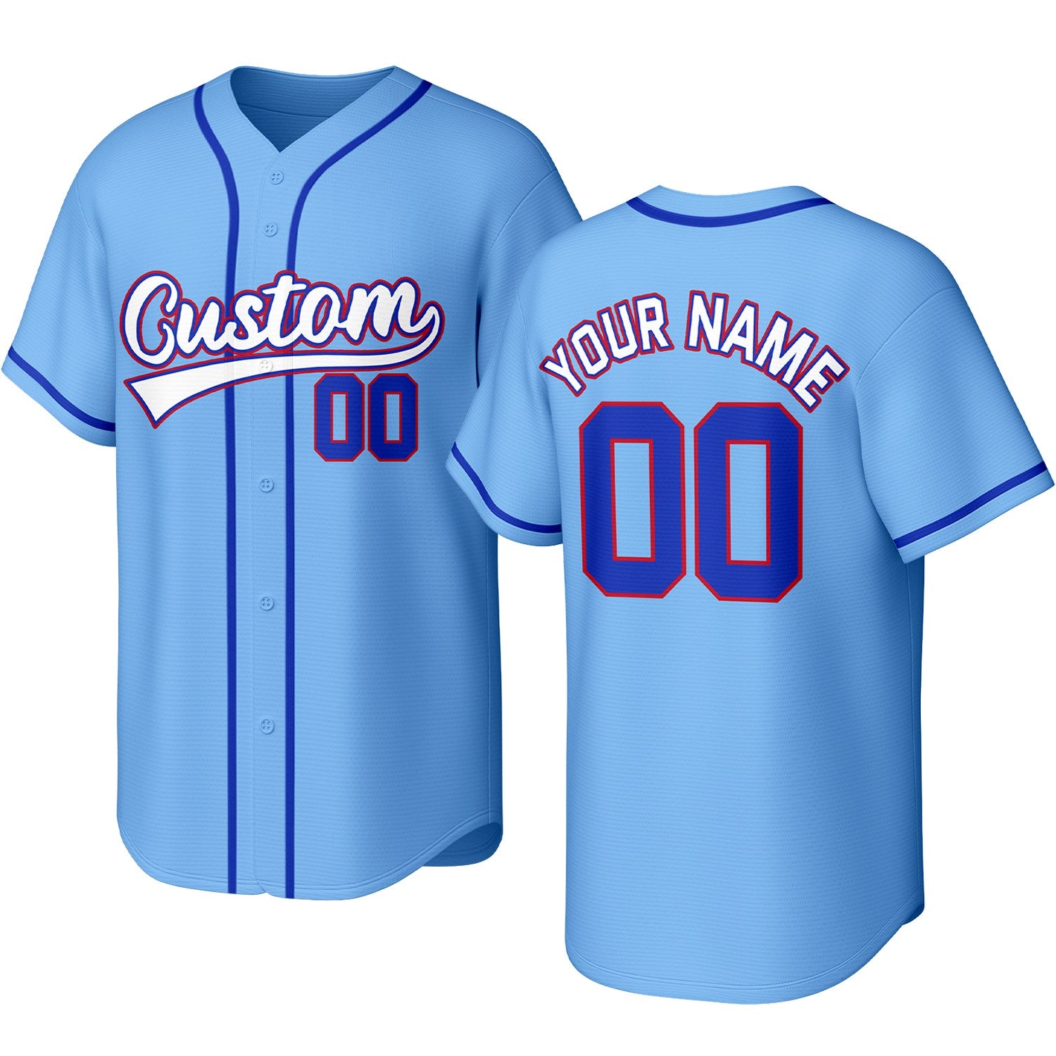 Custom light blue & red baseball jersey with logo, personalized name & number, button-front short-sleeve sports uniform for team men women youth game practice - Vosoli