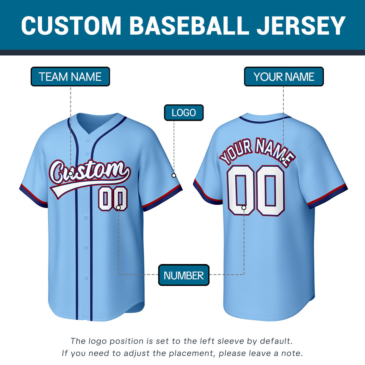 Custom Light Blue Stitched Baseball Jersey | Personalized Name & Number | Team Uniform