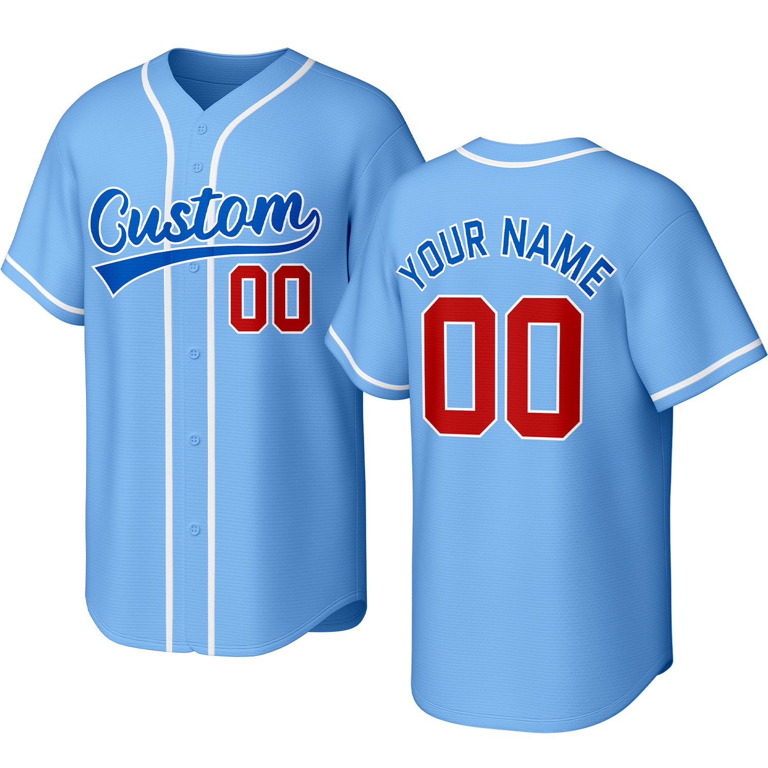 Custom light blue, red & white baseball jersey with stitched logo, personalized name & number, button-front short-sleeve sports uniform for team men women youth game practice - Vosoli