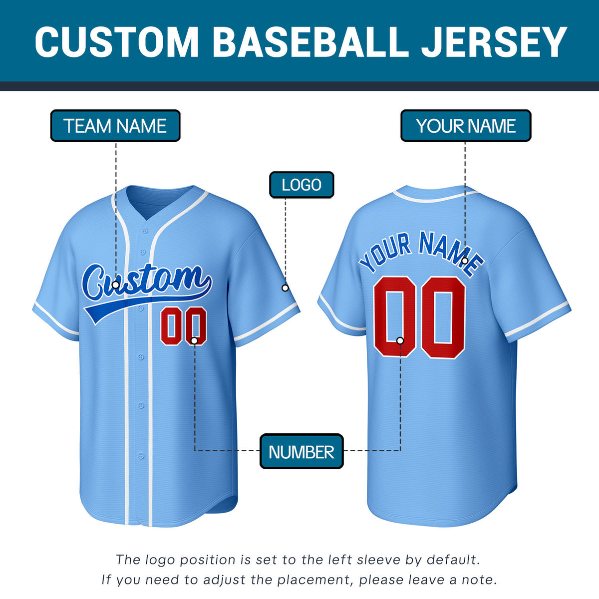 Custom Stitched Baseball Jersey Light Blue Red White | Personalized Name & Number | Team Uniform