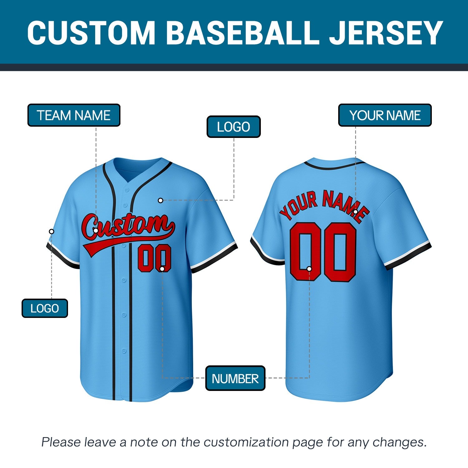 Custom Light Blue Stitched Baseball Jersey | Personalized Name & Number | Team Uniform
