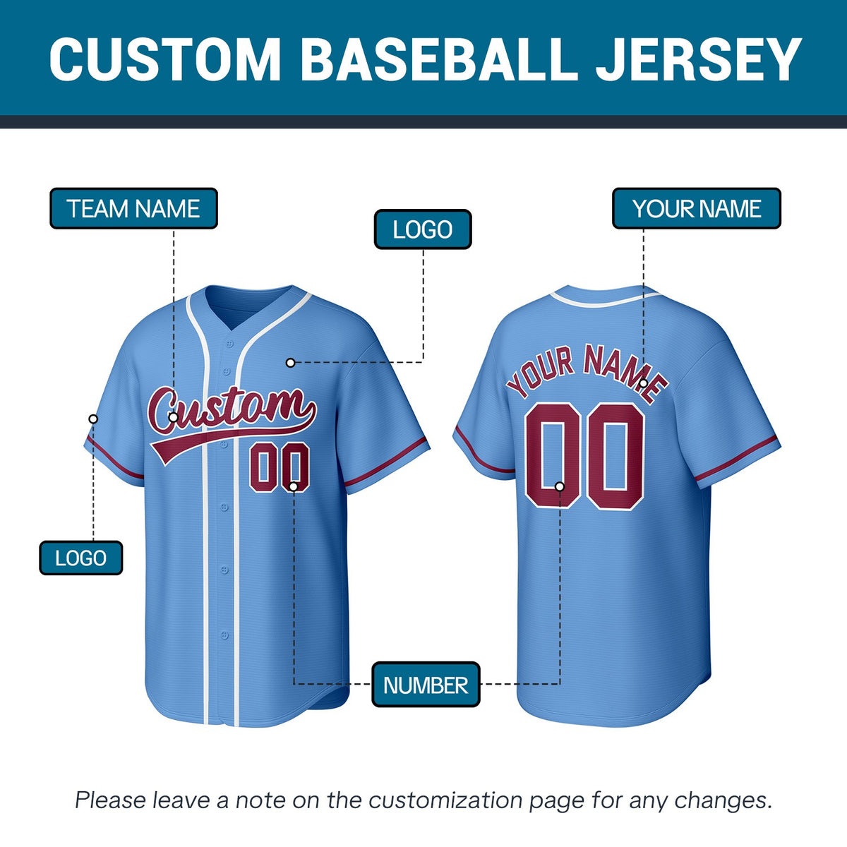 Custom Stitched Light Blue Baseball Jersey | Personalized Team Uniform | Vosoli
