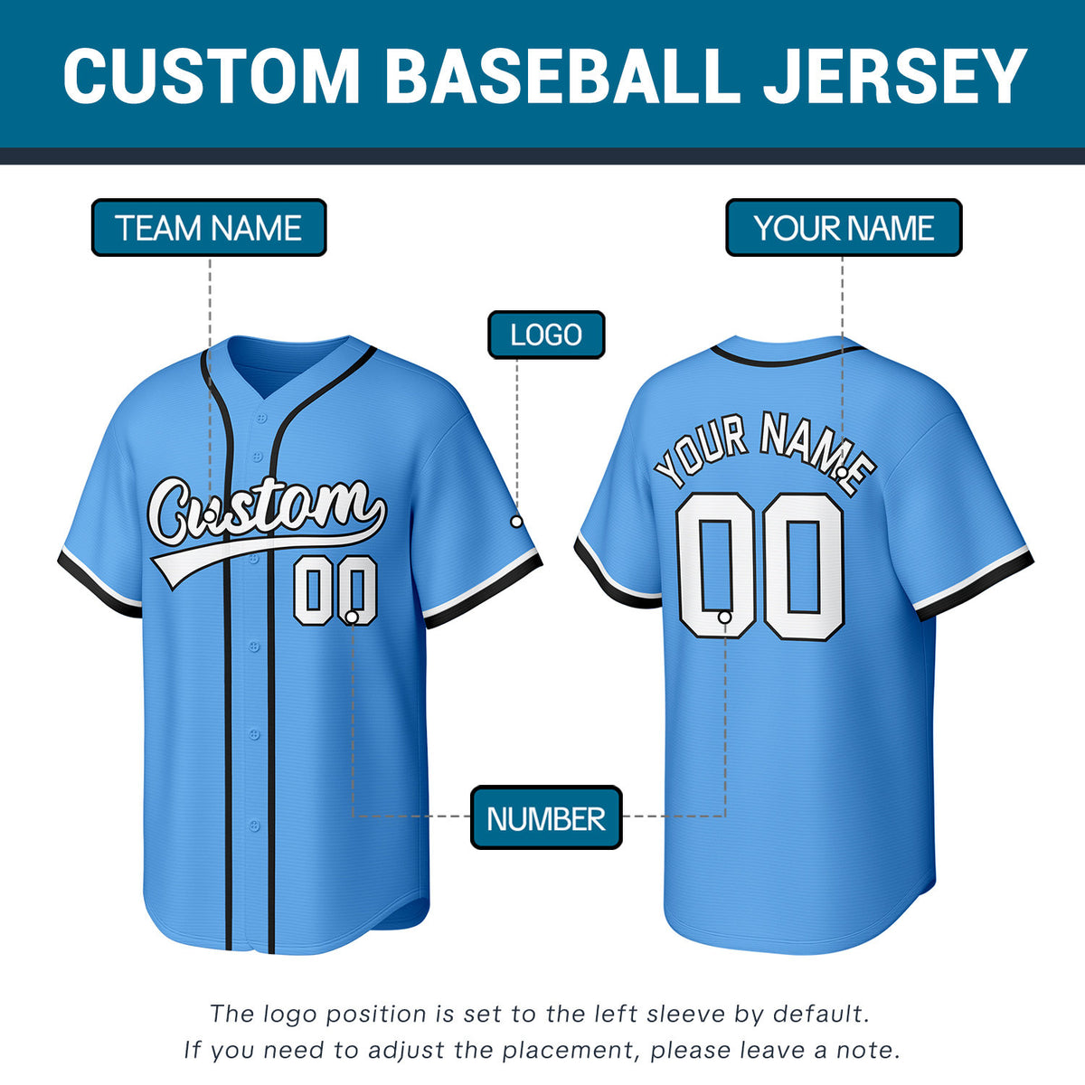 Custom Light Blue Stitched Baseball Jersey | Personalized Name & Number | Team Uniform