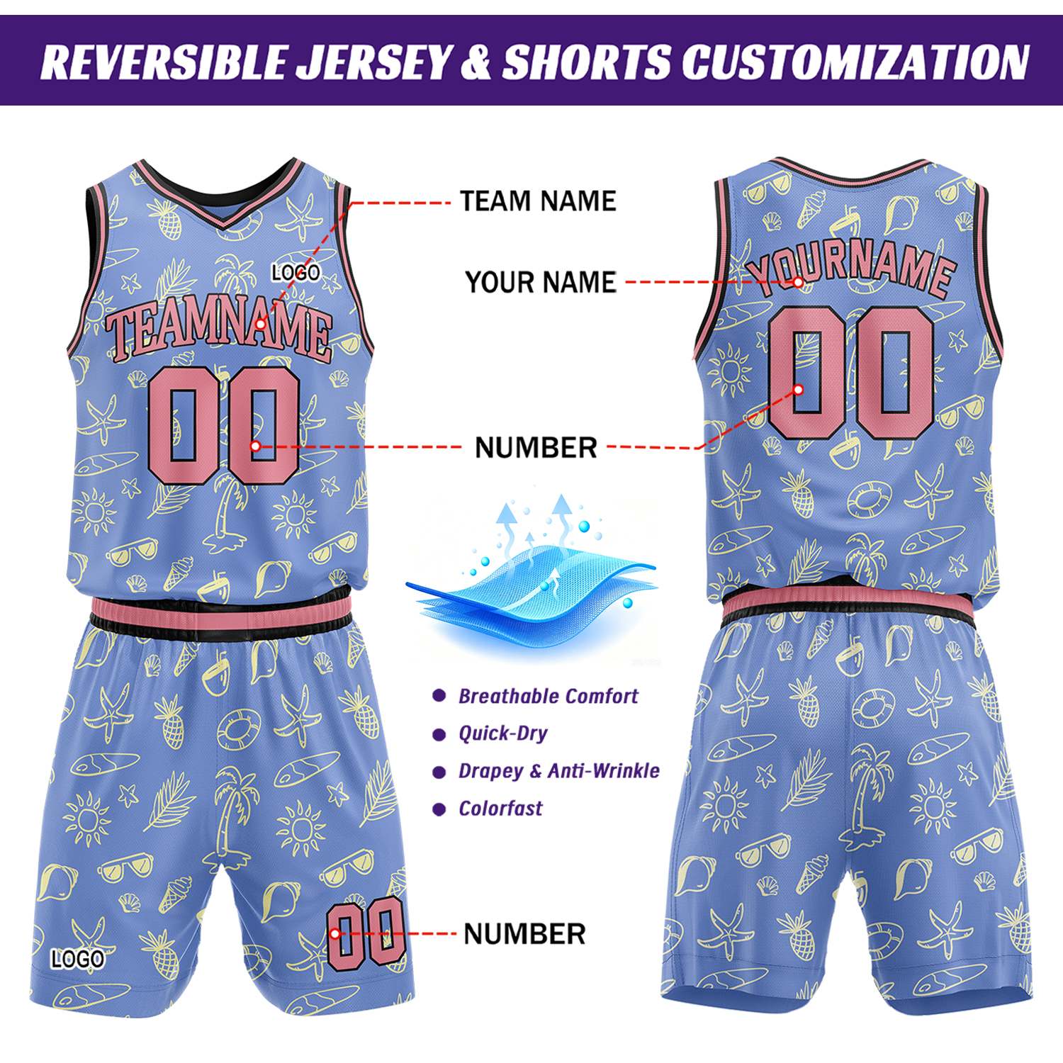 Custom light blue summer pattern basketball jersey & shorts set by Vosoli | Personalized team name & number sportswear