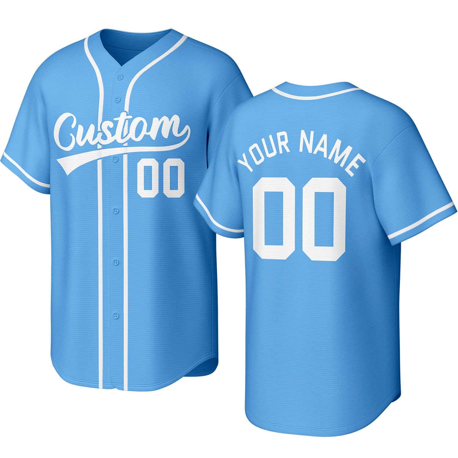 Custom light blue & white baseball jersey with stitched logo, personalized name & number, button-front short-sleeve sports uniform for team men women youth game practice - Vosoli
