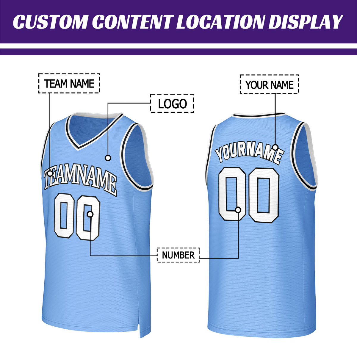 Custom Light Blue White Basketball Jersey | Personalized Name & Number Team Uniform