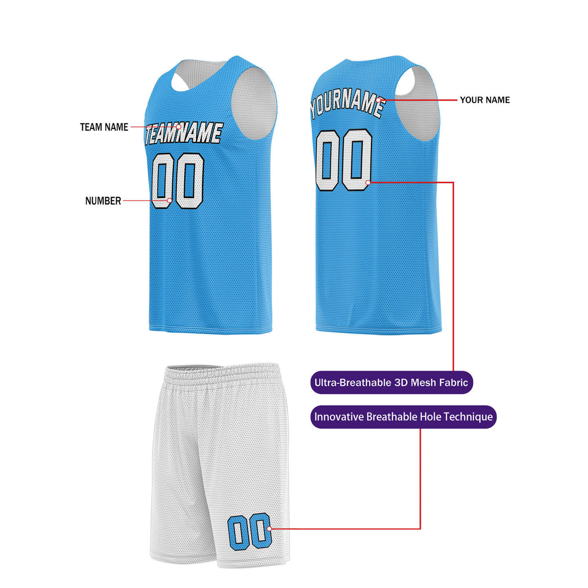 Custom Light Blue & White Basketball Jersey + Shorts Set - Personalized Team Name, Number | Vosoli