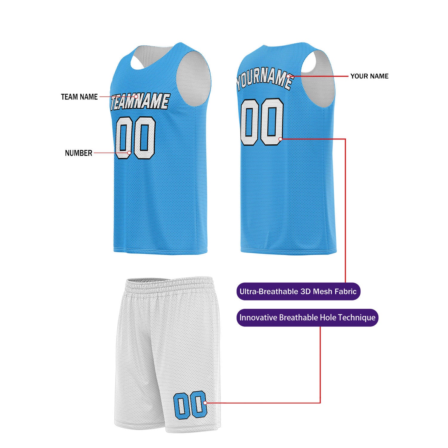 Custom Light Blue & White Basketball Jersey + Shorts Set - Personalized Team Name, Number | Vosoli