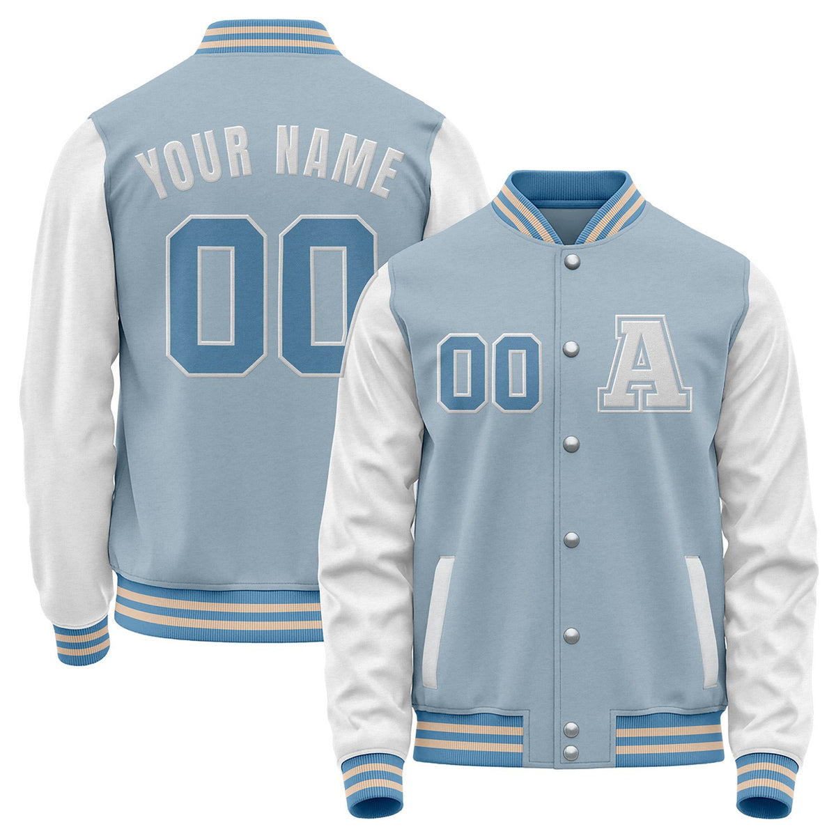 Custom light blue and white college baseball team jackets by Vosoli with stitched name, number and logo. Classic varsity jacket for baseball and casual wear.