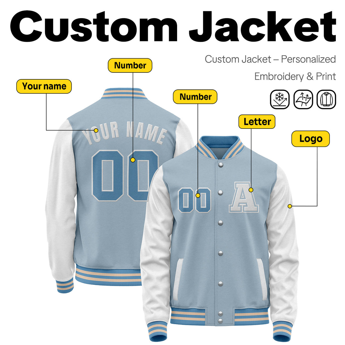 Custom Varsity Jacket with Stitched Name & Number | Light Blue & White Personalized Team Letterman Bomber