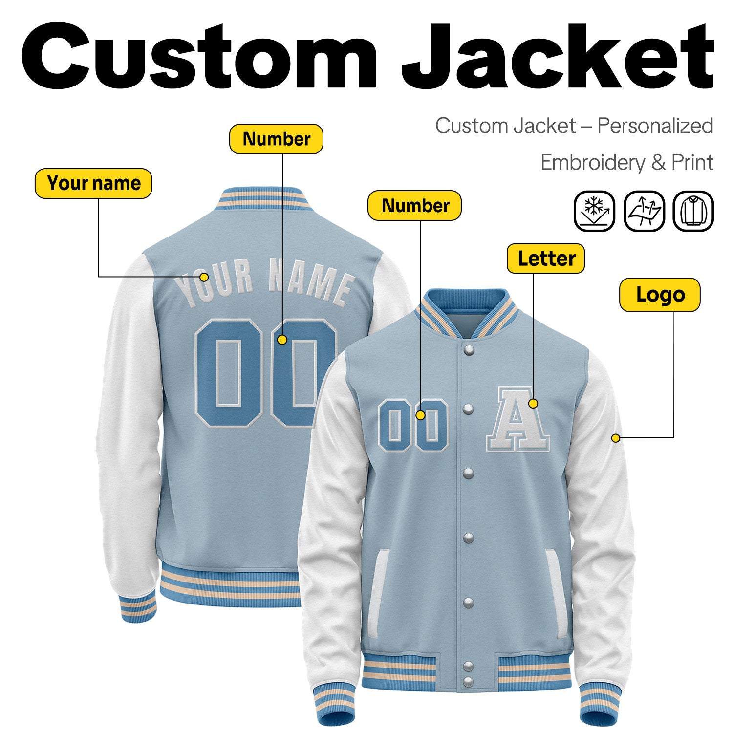 Custom Varsity Jacket with Stitched Name & Number | Light Blue & White Personalized Team Letterman Bomber