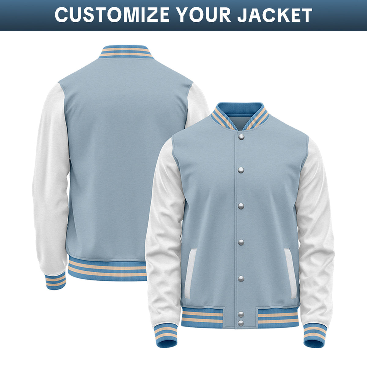 Custom Varsity Jacket with Stitched Name & Number | Light Blue & White Personalized Team Letterman Bomber