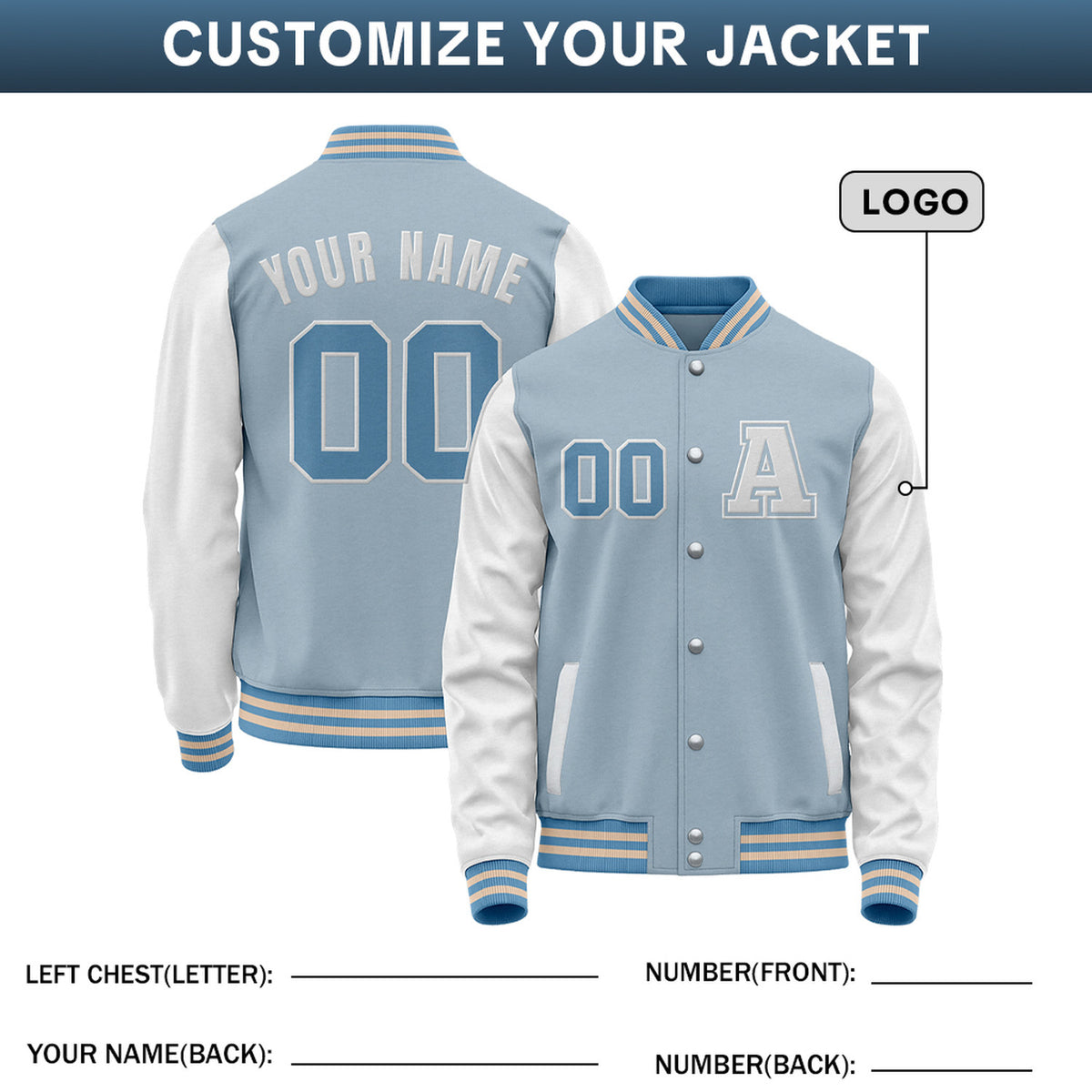 Custom Varsity Jacket with Stitched Name & Number | Light Blue & White Personalized Team Letterman Bomber