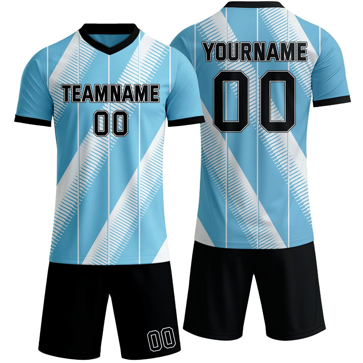 Custom light blue &amp; white diagonal stripe soccer jersey set, personalized name number team logo, short-sleeve jersey with matching shorts sports uniform for men women youth adult game practice - Vosoli