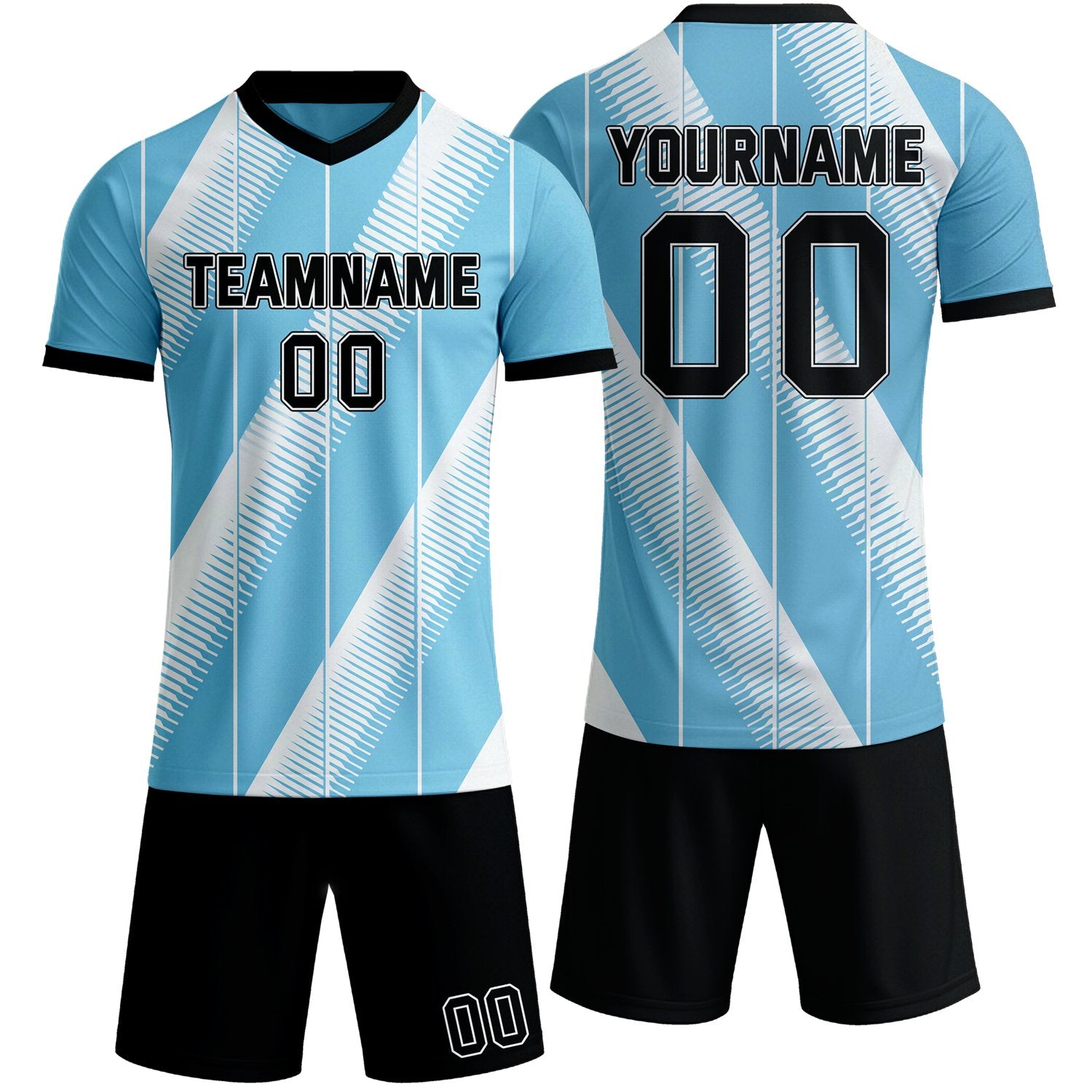 Custom light blue & white diagonal stripe soccer jersey set, personalized name number team logo, short-sleeve jersey with matching shorts sports uniform for men women youth adult game practice - Vosoli
