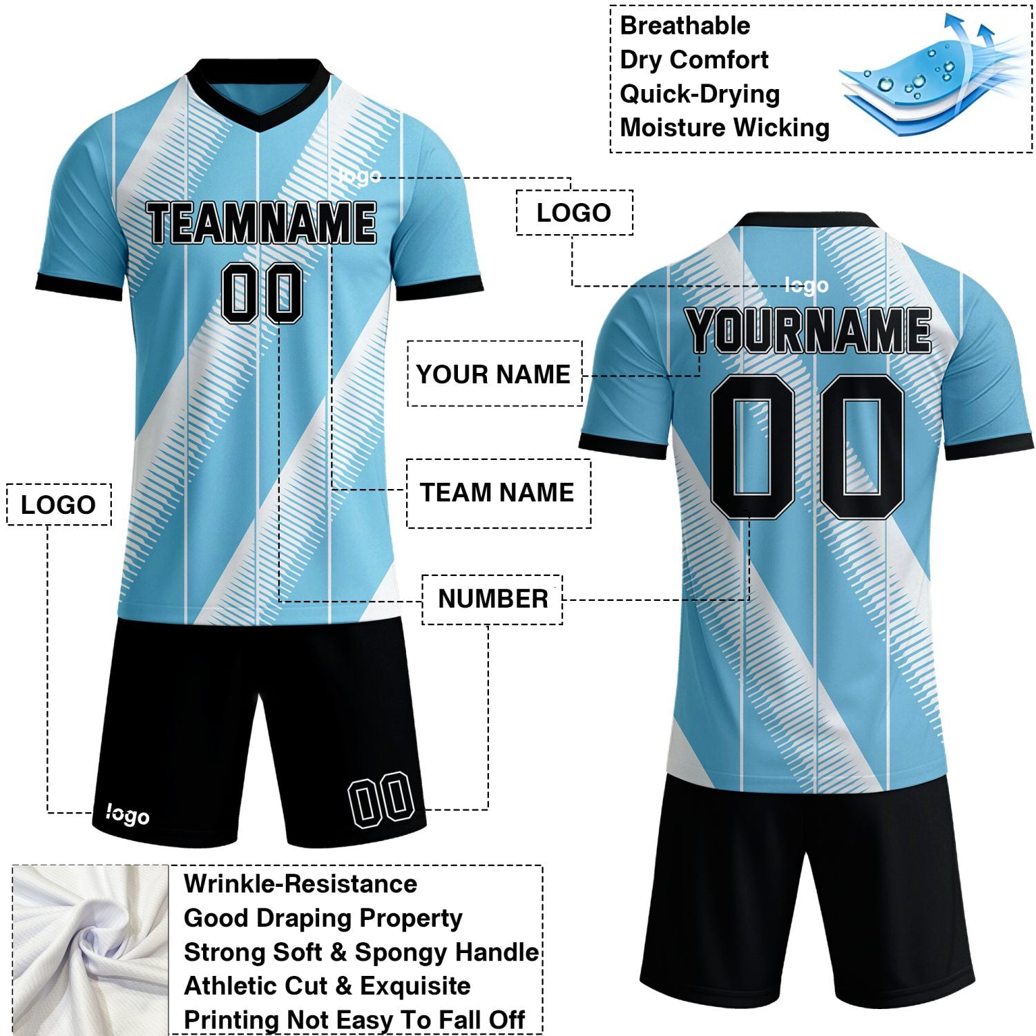 Custom light blue & white diagonal stripe soccer jersey set, personalized name number team logo, short-sleeve jersey with matching shorts sports uniform for men women youth adult game practice - Vosoli