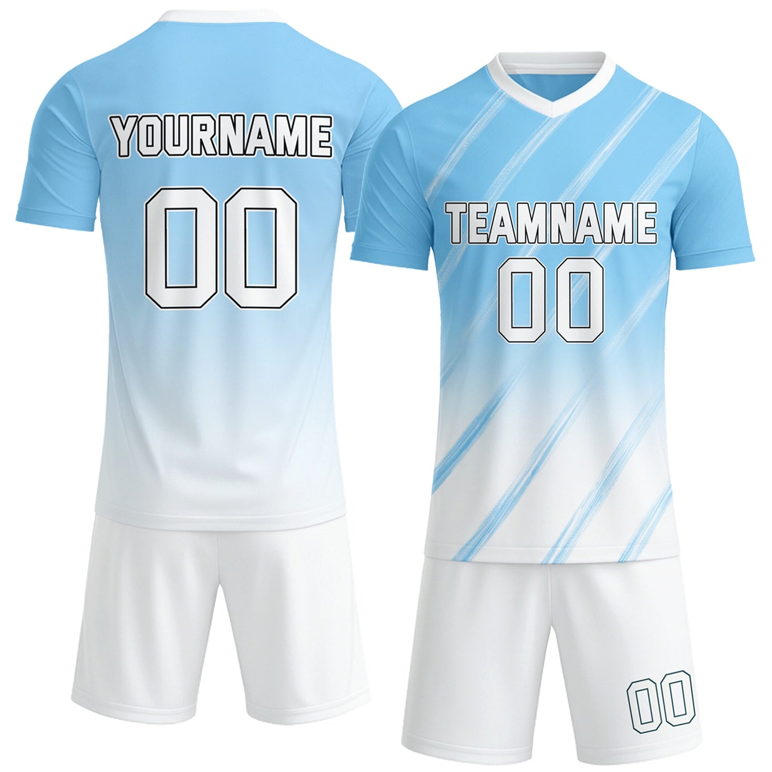 Custom light blue & white gradient soccer jersey set, personalized name number team logo, short-sleeve jersey with matching shorts sports uniform for men women youth adult game practice - Vosoli