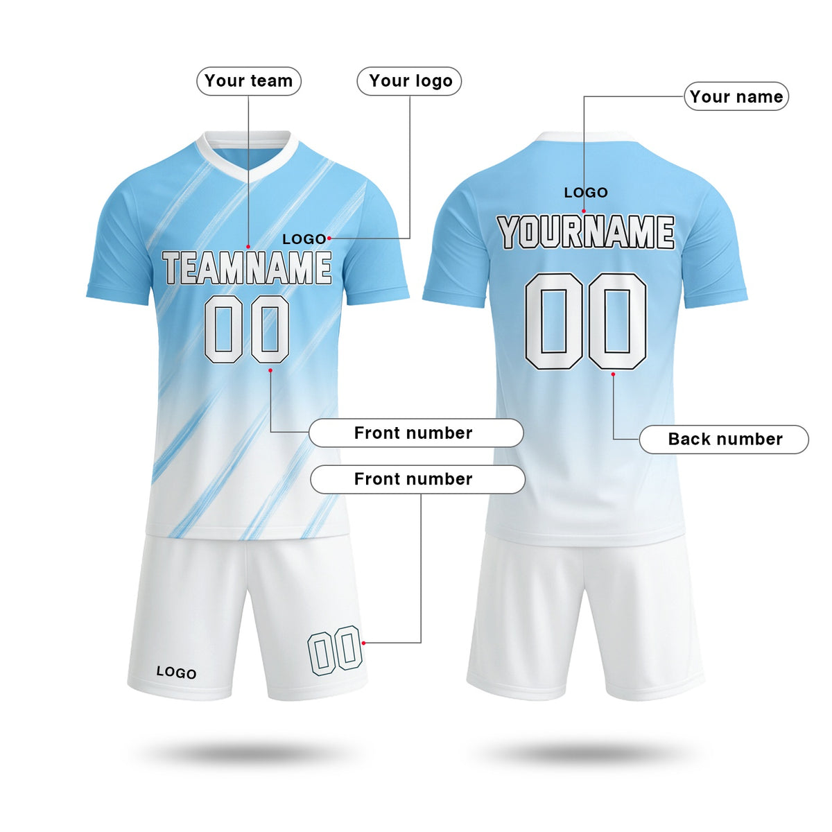 Custom Light Blue & White Gradient Soccer Jersey Set | Personalized Team Uniform | Vosoli