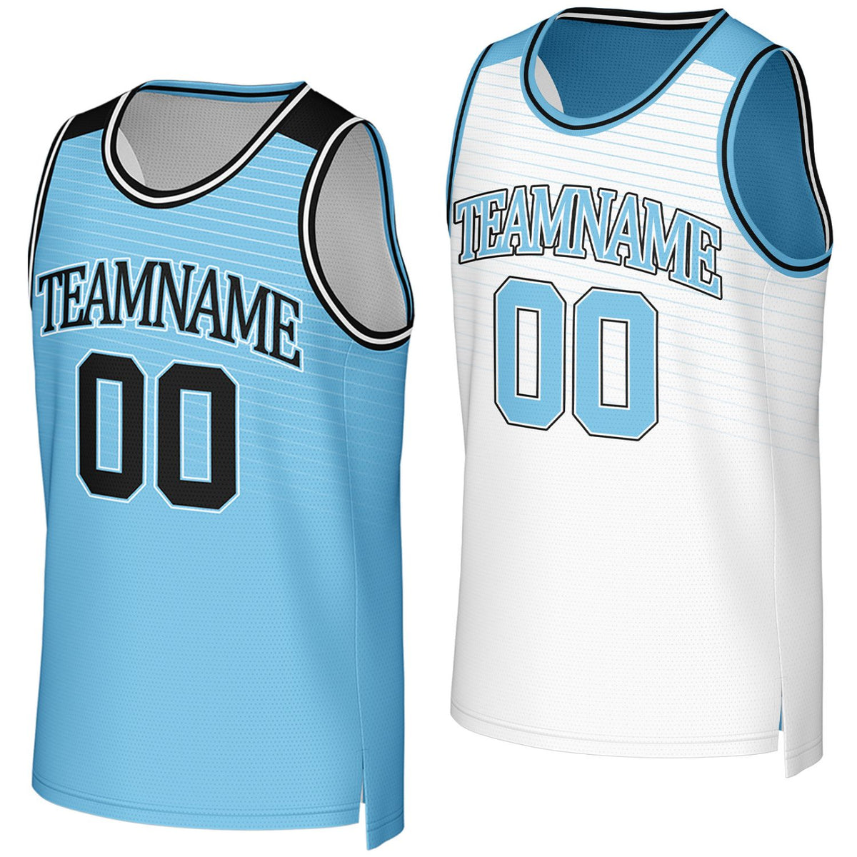 Custom light blue & white reversible basketball jersey by Vosoli. Personalized with team name, player name, number, and logo on both sides. Breathable mesh 2-in-1 jersey for high school, college, AAU teams.