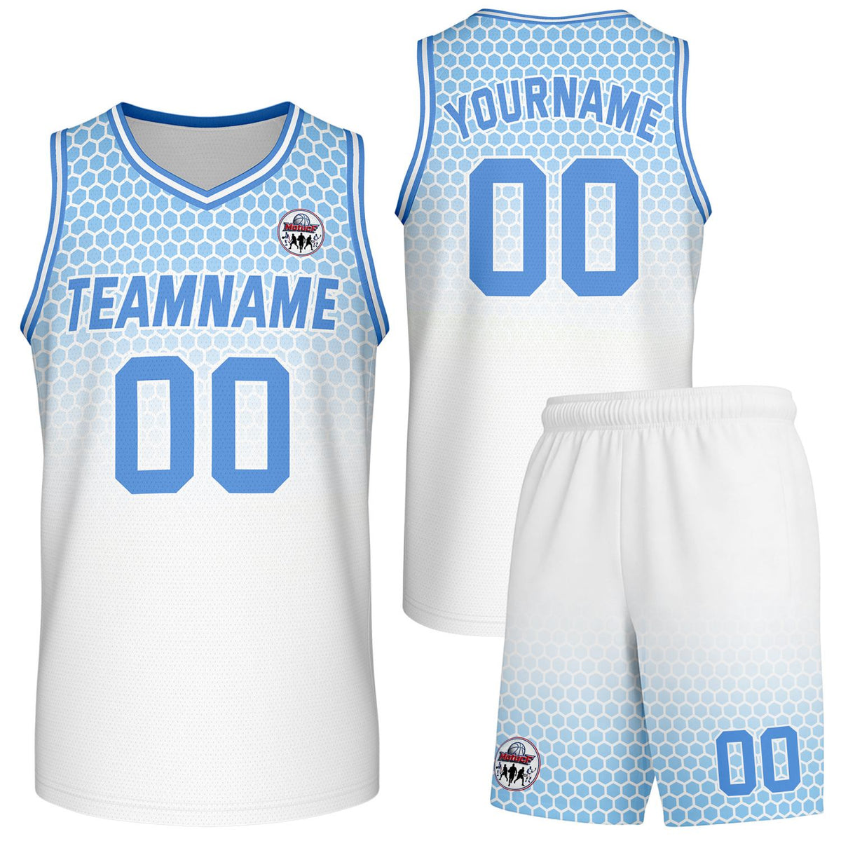 Custom white &amp; light blue honeycomb-pattern basketball uniform set, personalized team name number logo breathable mesh jersey and shorts men women youth game practice - Vosoli