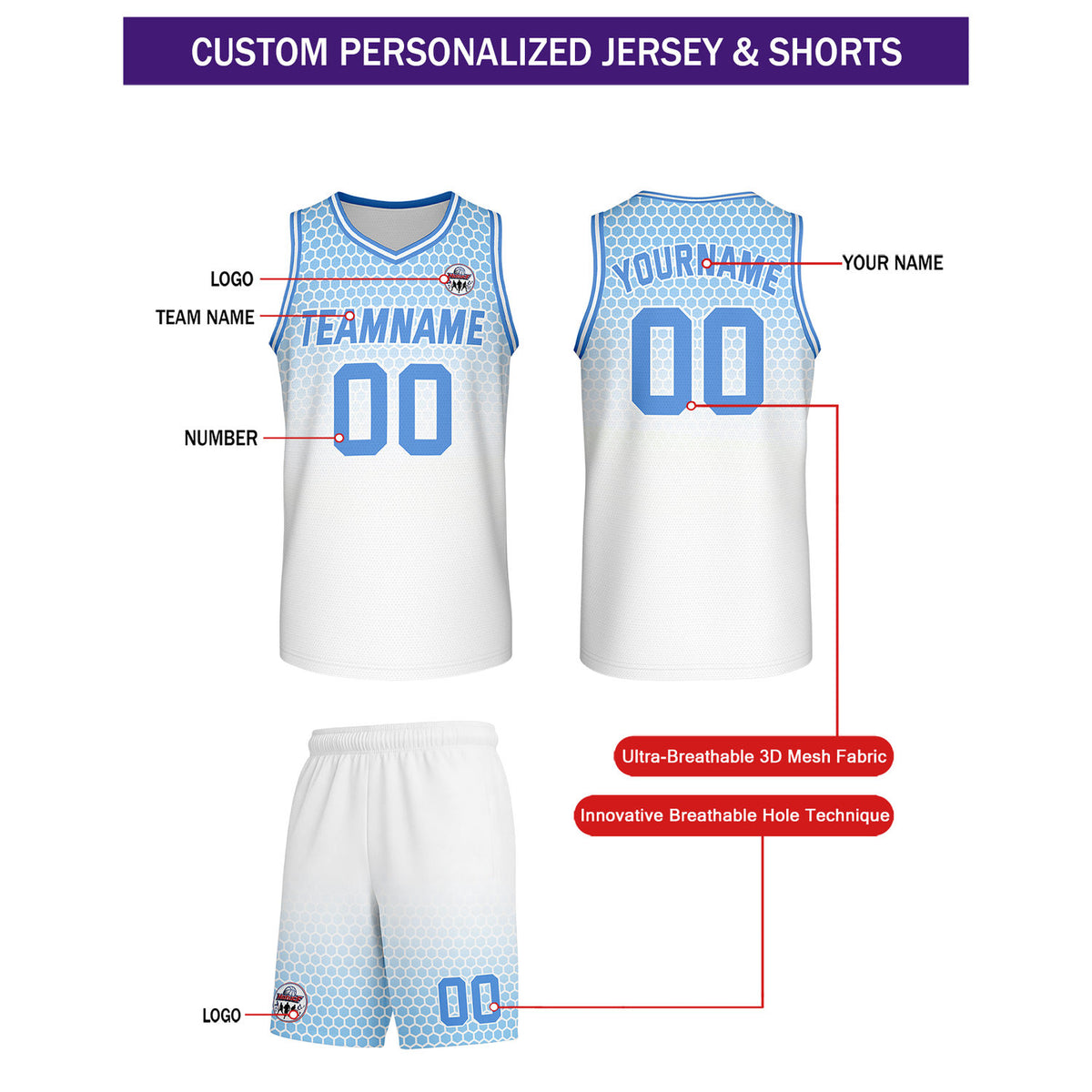 Custom Light Blue & White Honeycomb Basketball Uniform Set | Personalized Team Name & Number - Vosoli