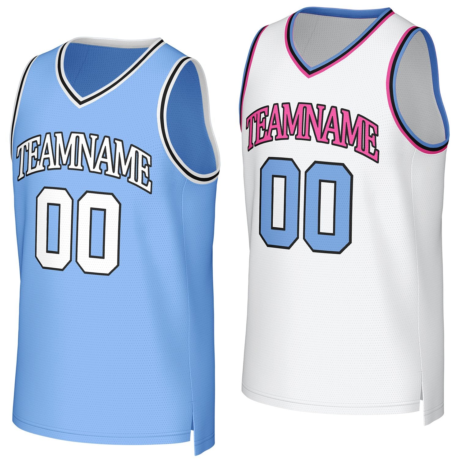 Custom light blue & white (pink accents) reversible basketball jersey by Vosoli | Personalized team name & number sportswear