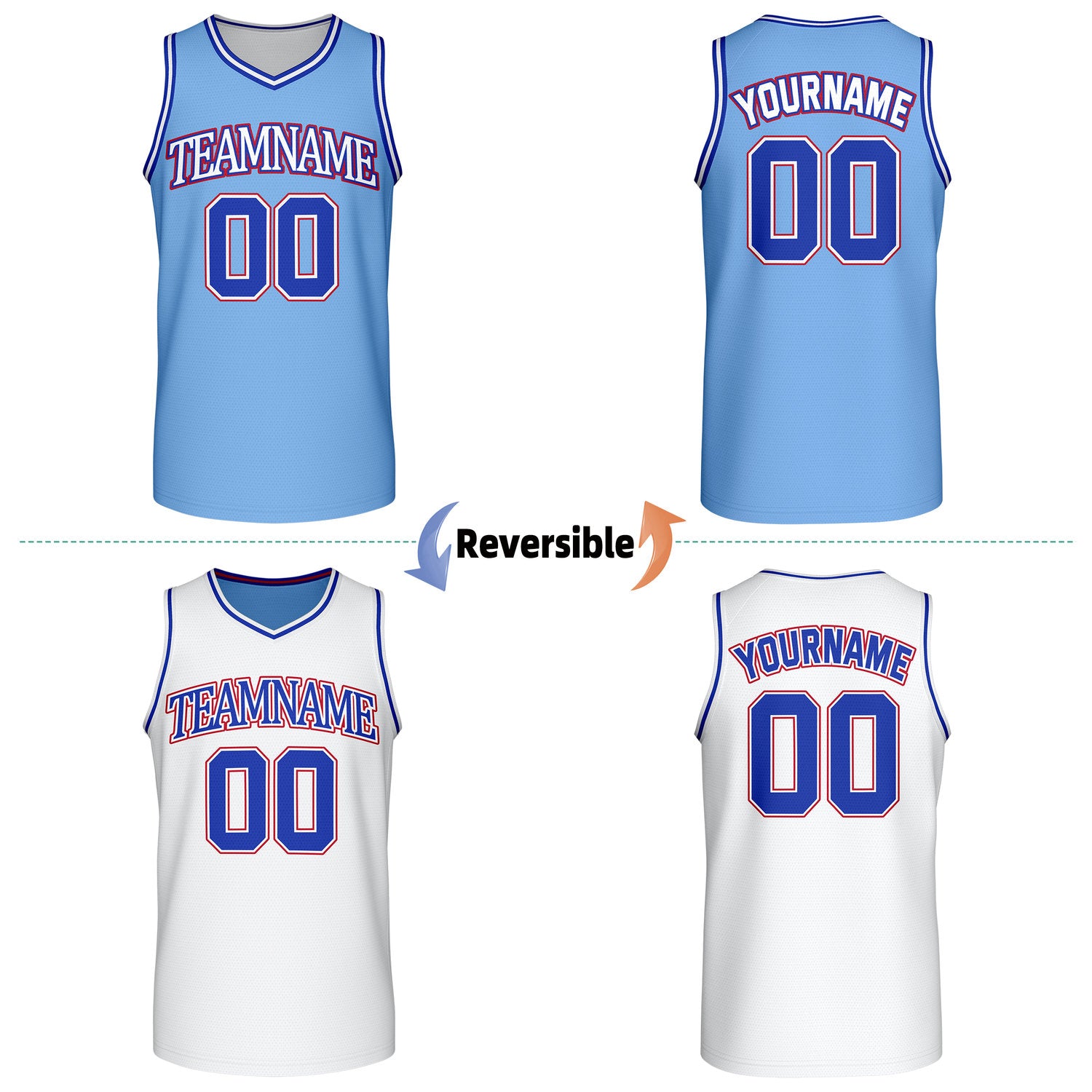 Custom reversible retro light blue & white basketball jersey, personalized team name & number, 2-in-1 sleeveless uniform for men women youth adult game practice - Vosoli