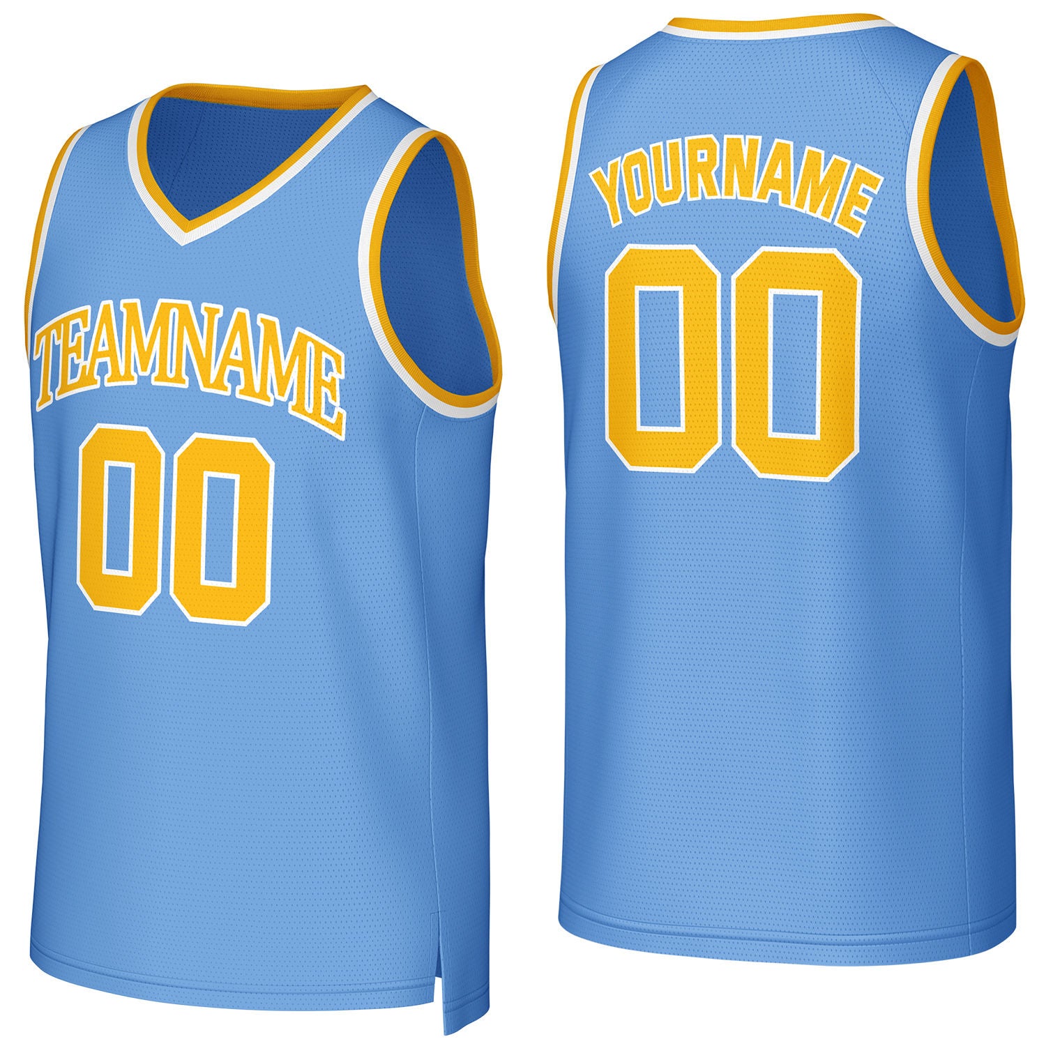 Custom light blue-yellow V-neck mesh basketball jersey by Vosoli | Personalized name & number team uniform for youth & adults