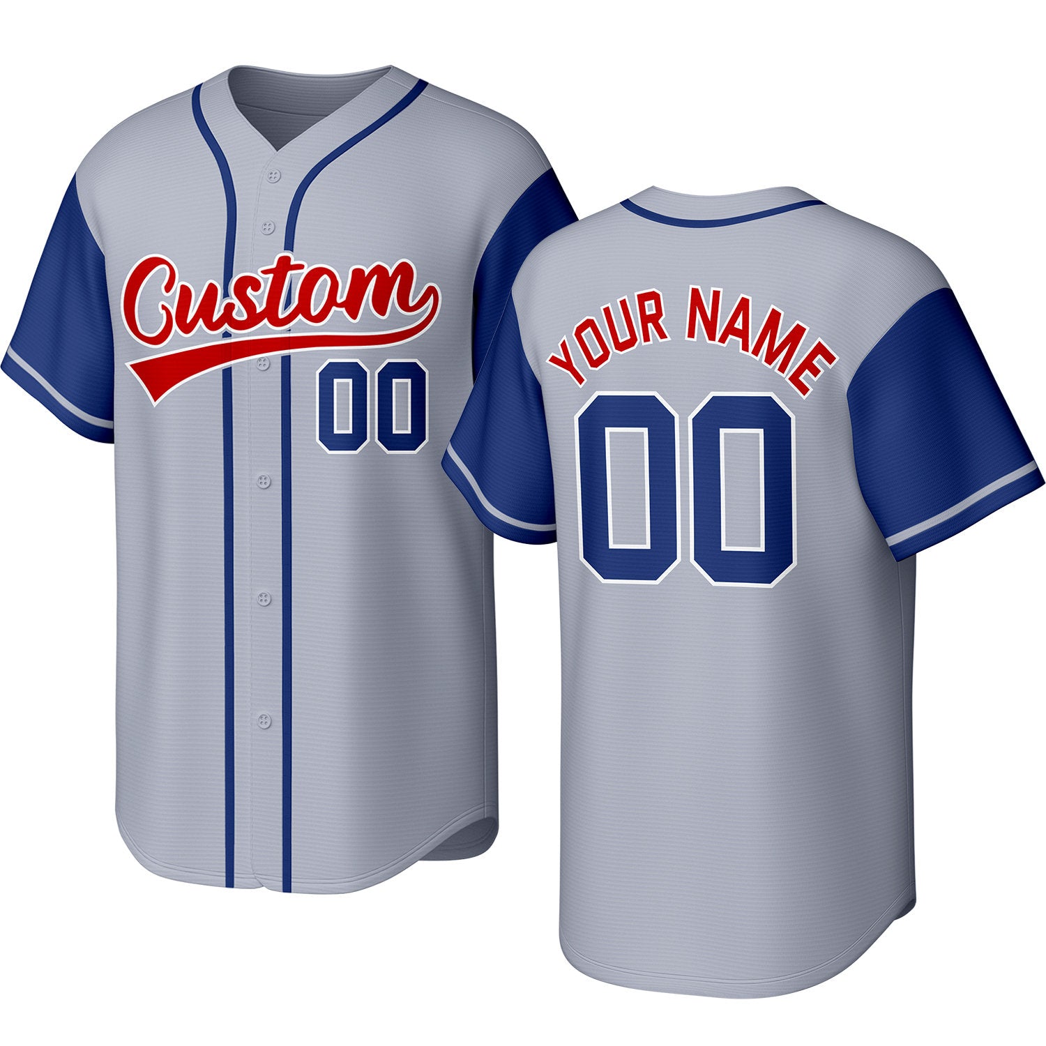 Custom light gray, blue & red baseball jersey with stitched logo, personalized name & number, button-front short-sleeve sports uniform for team men women youth game practice - Vosoli