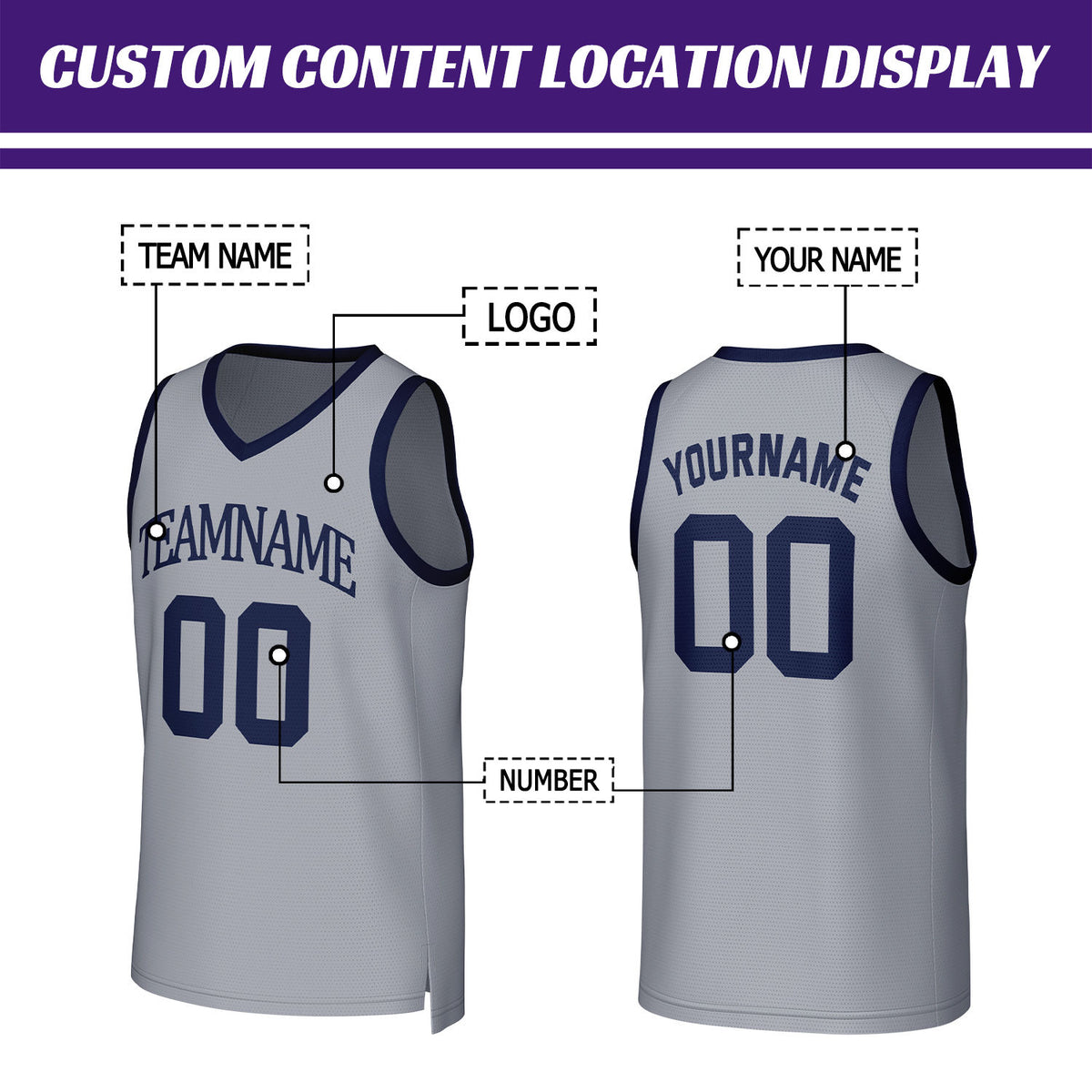 Custom Light Gray & Navy Blue Mesh Basketball Jersey | Personalized Name & Number Team Uniform