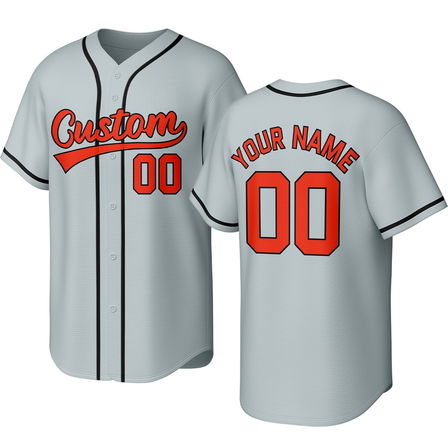 Custom light gray, red & black baseball jersey with logo, personalized name & number, button-front short-sleeve sports uniform for team men women youth game practice - Vosoli