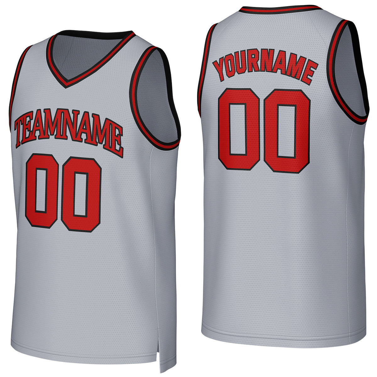 Custom light gray-red V-neck mesh basketball jersey by Vosoli | Personalized name &amp; number team uniform for youth &amp; adults