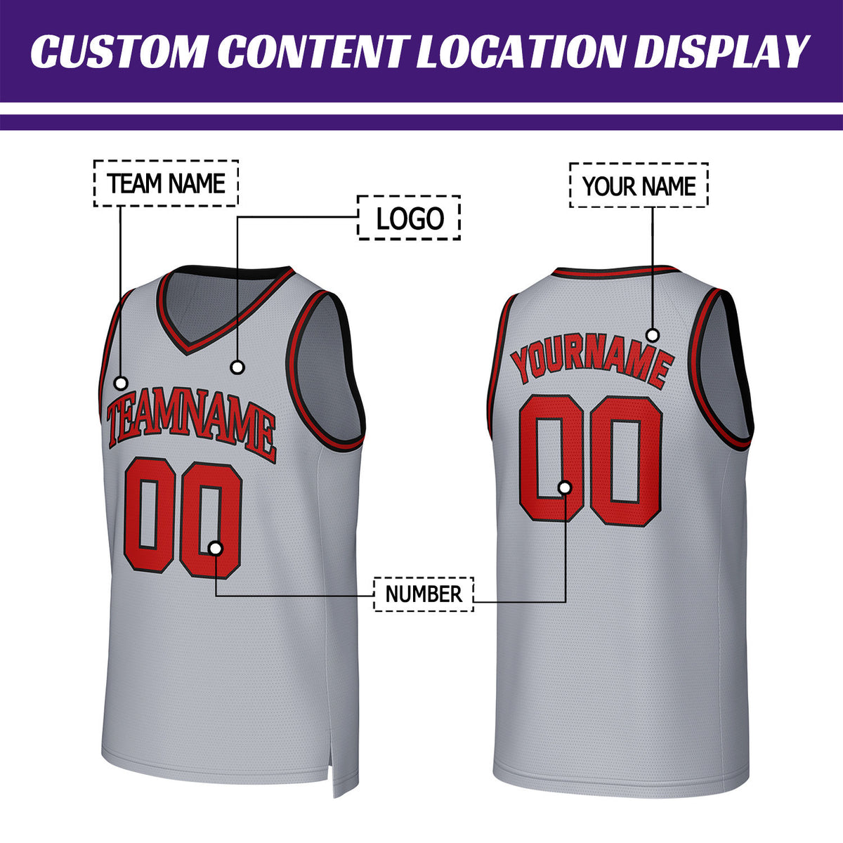 Custom Light Gray & Red Mesh Basketball Jersey | Personalized Team Uniform for youth & adults