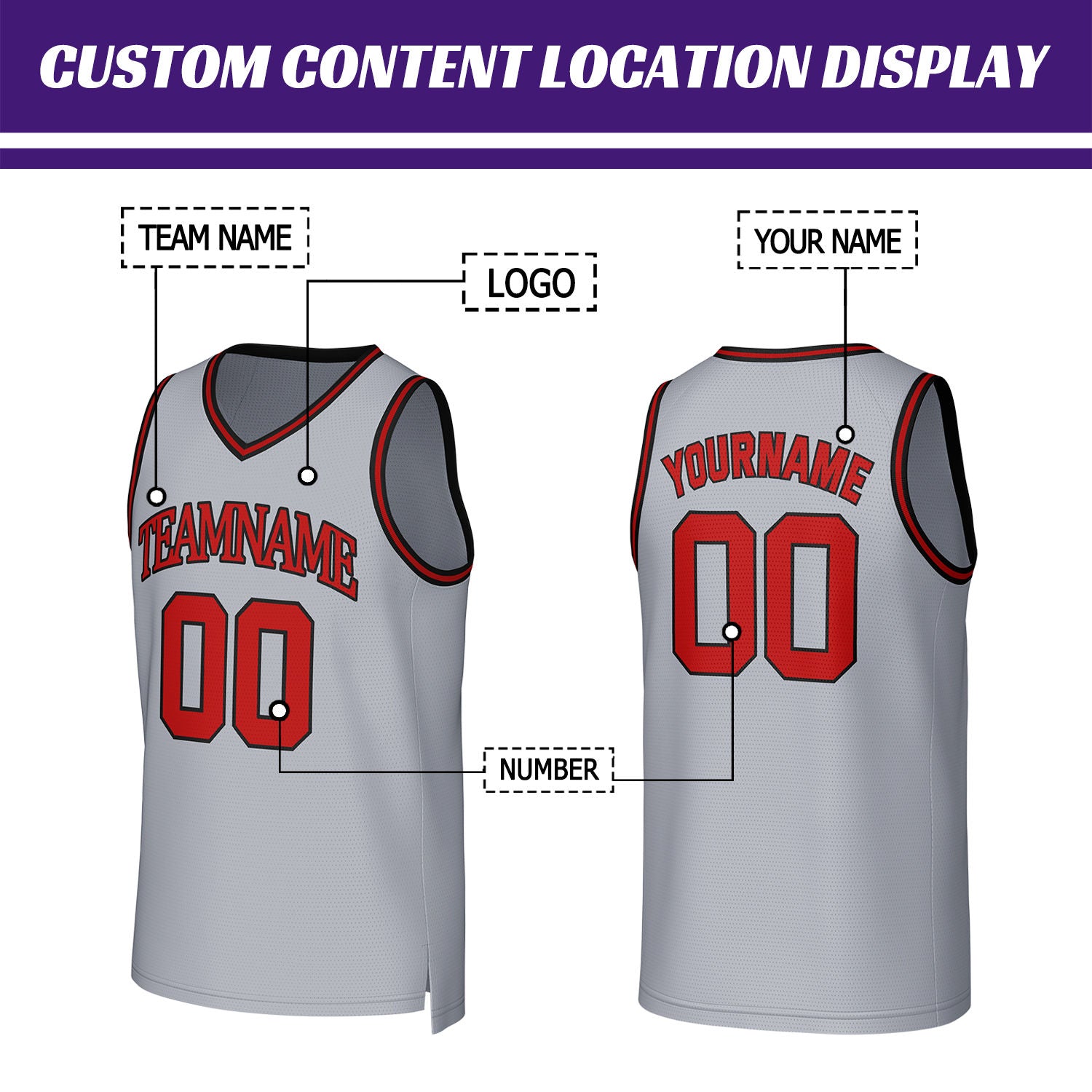 Custom Light Gray & Red Mesh Basketball Jersey | Personalized Team Uniform for youth & adults