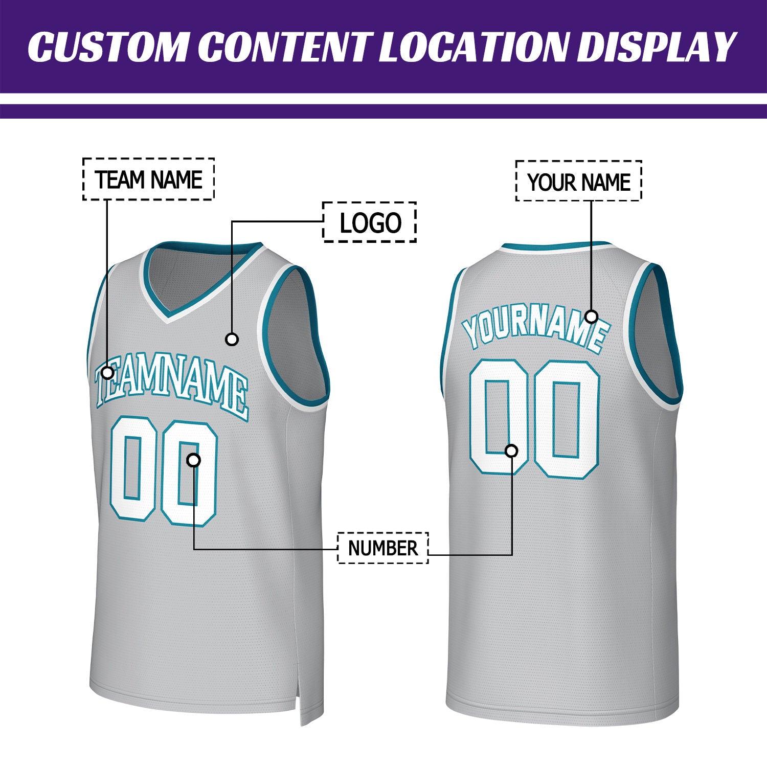Custom Light Gray & Teal Basketball Jersey | Personalized Name & Number Team Uniform