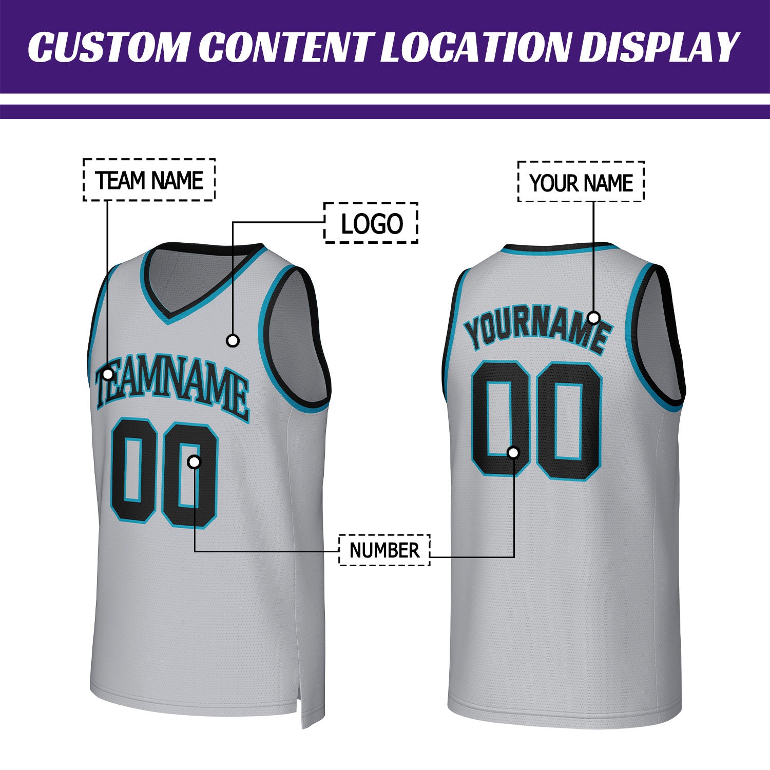 Custom Light Gray & Teal Basketball Jersey | Personalized Name & Number Team Uniform