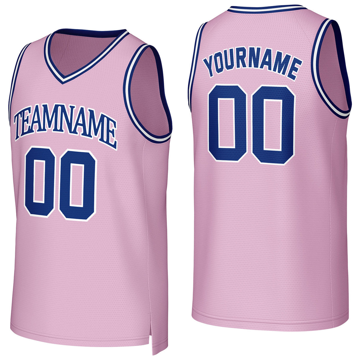 Custom light pink-navy V-neck mesh basketball jersey by Vosoli | Personalized name &amp; number team uniform for youth &amp; adults