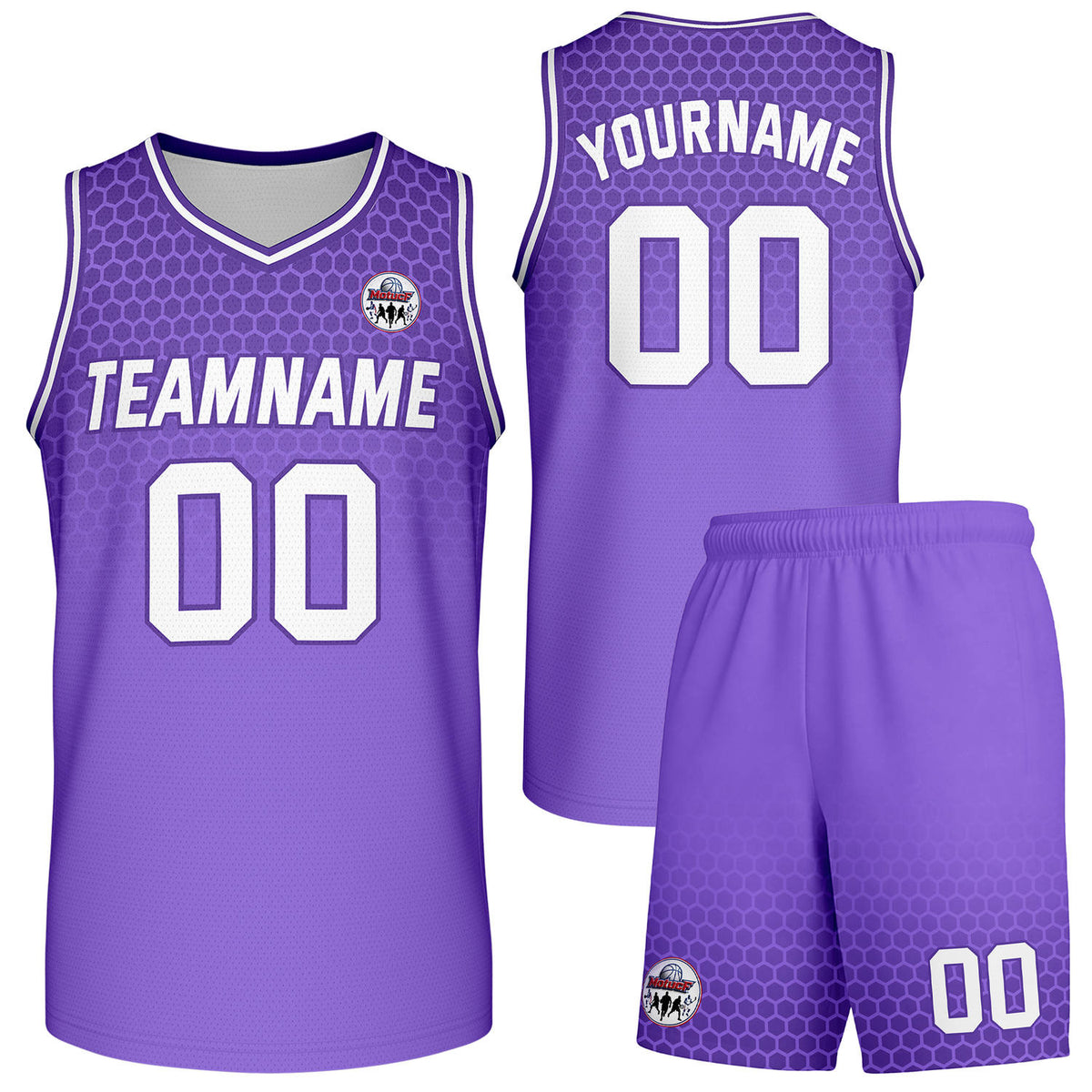 Custom purple honeycomb-pattern basketball uniform set, personalized team name number logo breathable mesh jersey and shorts men women youth game practice - Vosoli