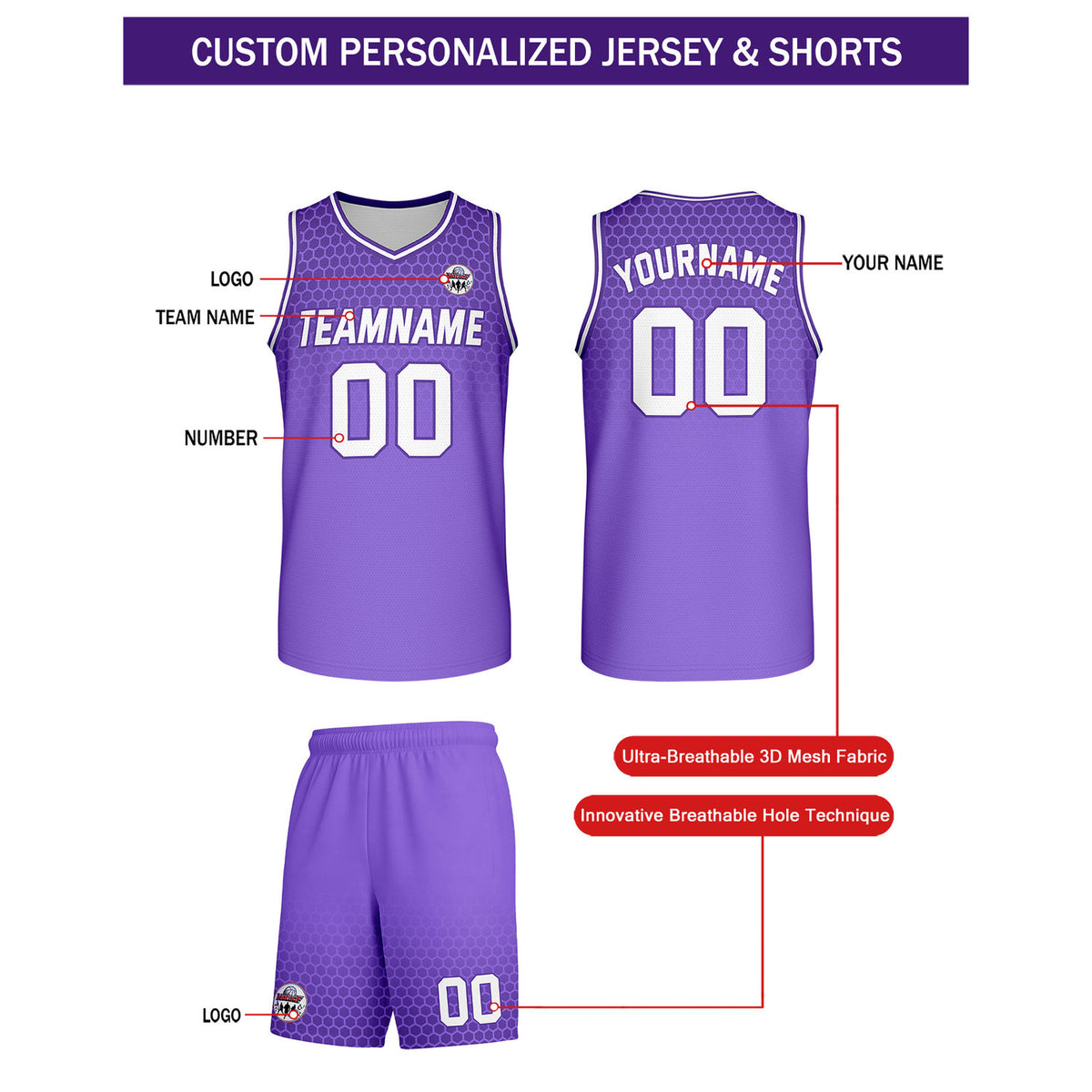 Custom Light Purple Honeycomb Basketball Uniform Set | Personalized Team Name & Number - Vosoli