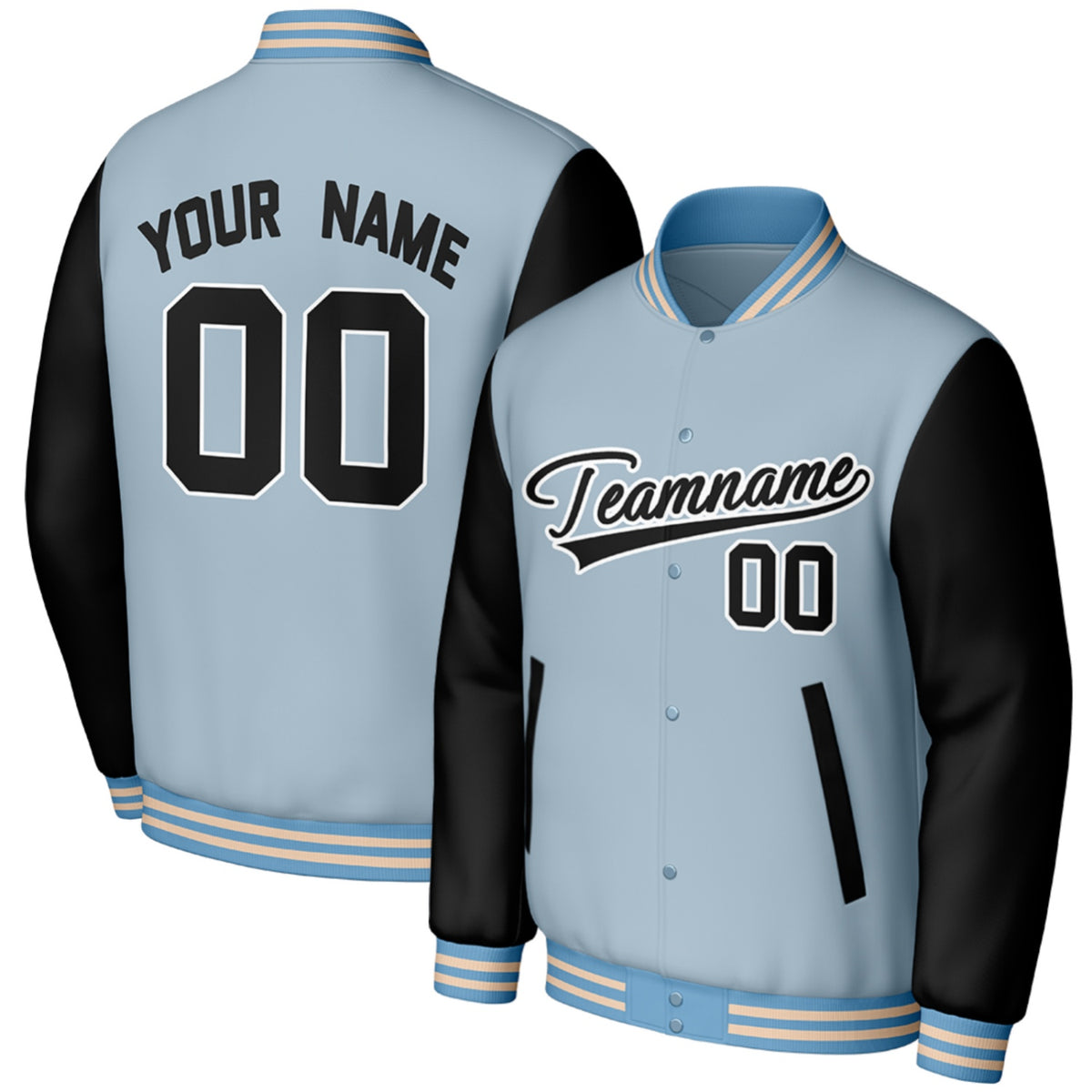 custom lightblue black baseball jackets for baseball programs by Vosoli, personalized stitched name, number &amp; logo, classic button up varsity letterman jacket for baseball programs and casual wear