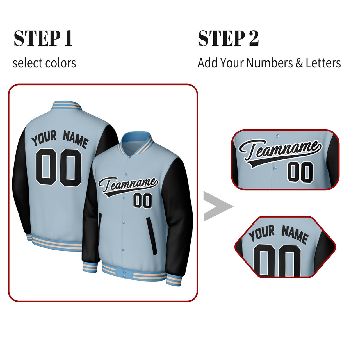 Custom Light Blue & Black Varsity Baseball Jacket | Personalized Jacket with Stitched Name & Number for Adult & Youth