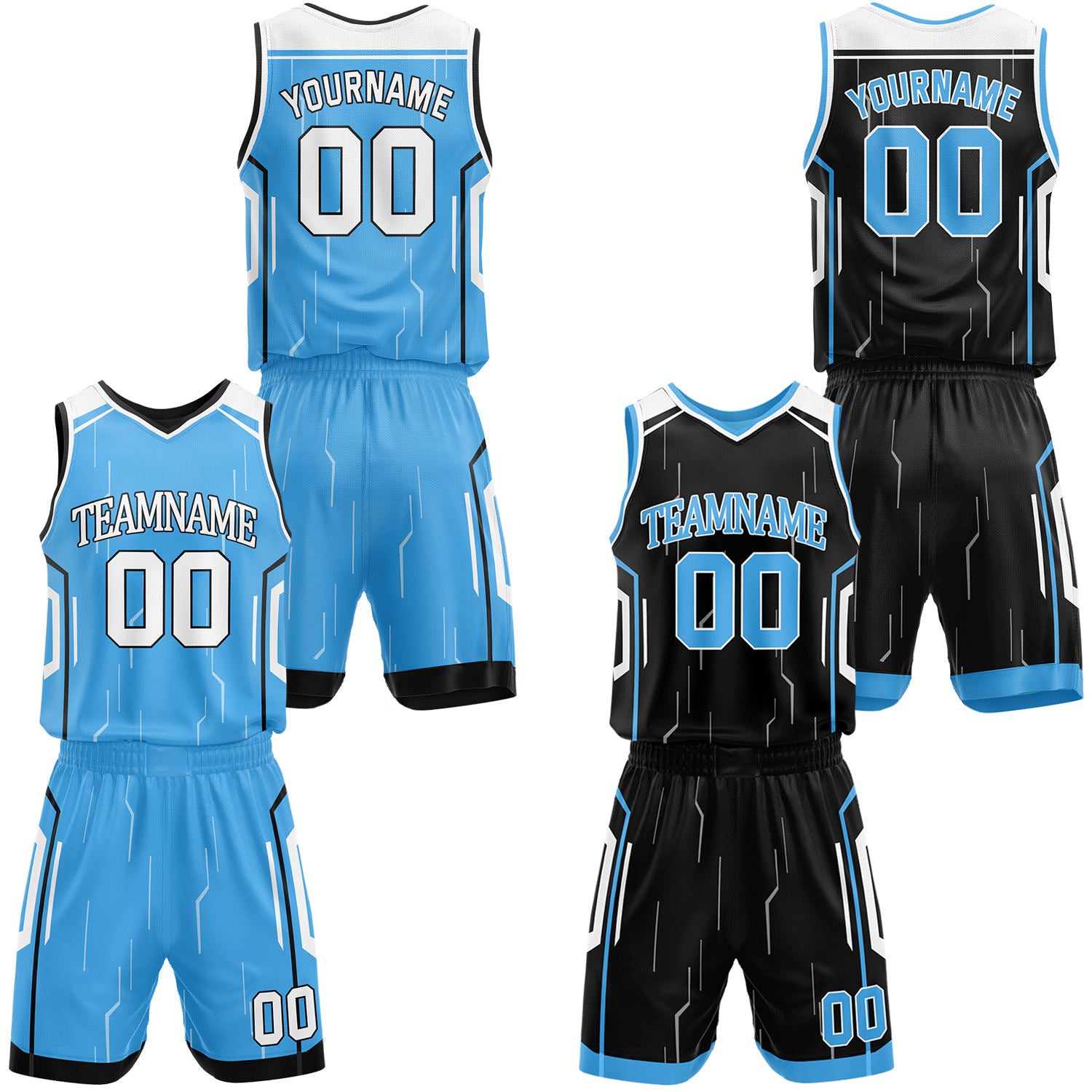 Custom light blue & black reversible basketball jersey shorts set by Vosoli | Personalized block team name number circuit geometric uniform sportswear